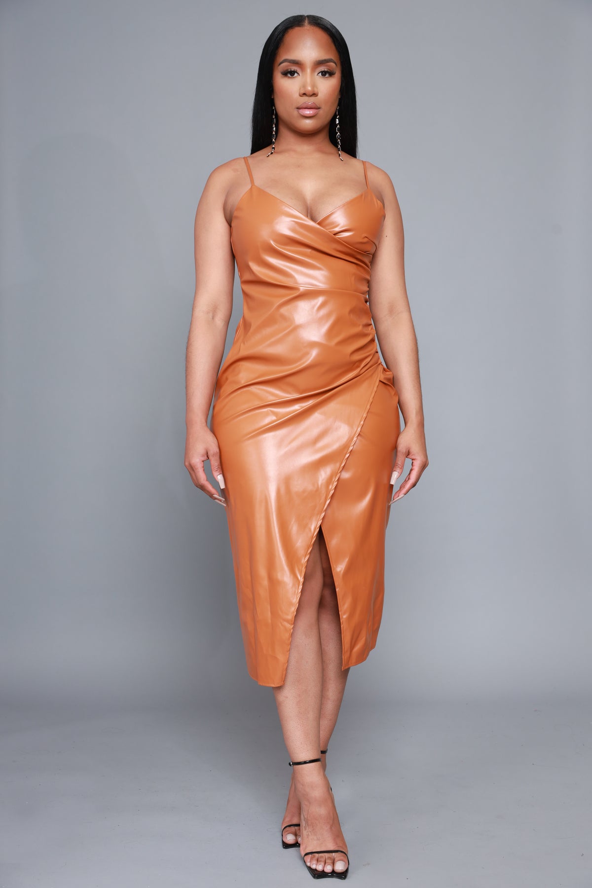 
              First Thing Faux Leather Halter Dress - Camel - Swank A Posh
            