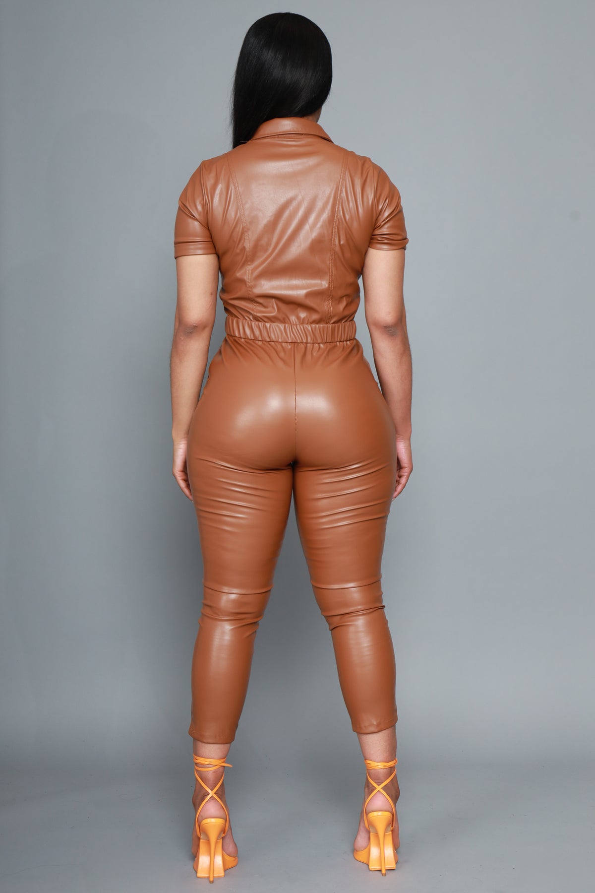 
              Run The Streets Faux Leather Jumpsuit - Cognac - Swank A Posh
            