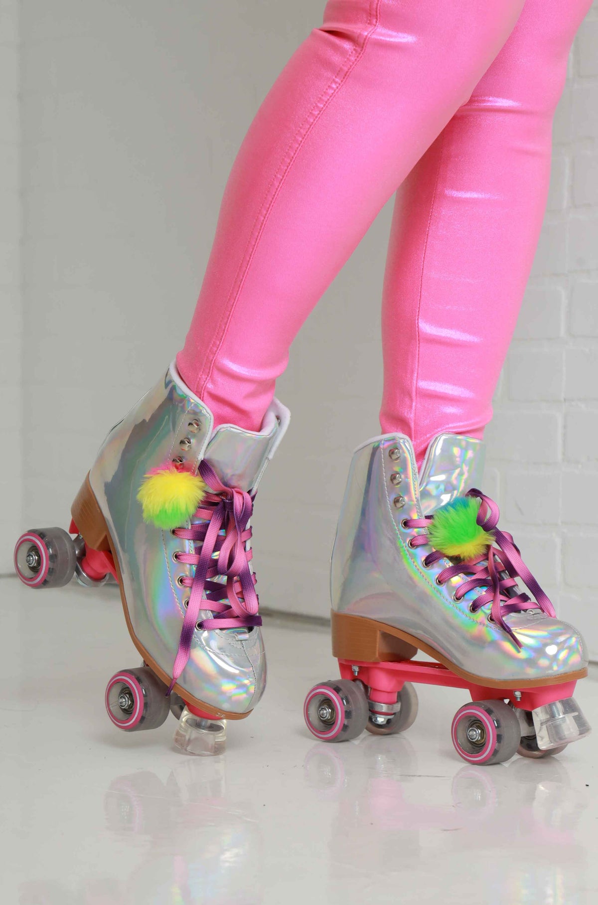 
              Pretty Fly Holographic Pom Pom Roller Skates - Silver Iridescent - Swank A Posh
            