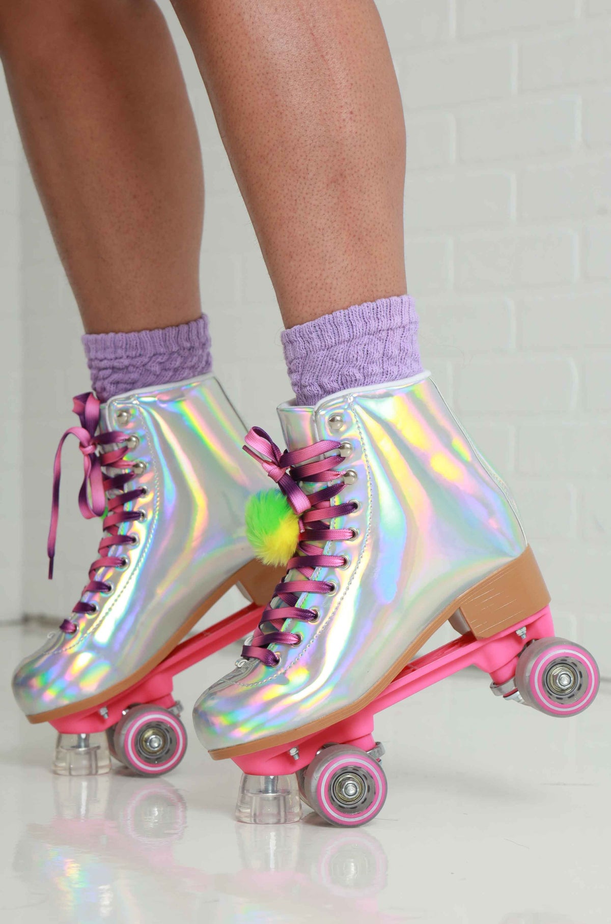 
              Pretty Fly Holographic Pom Pom Roller Skates - Silver Iridescent - Swank A Posh
            