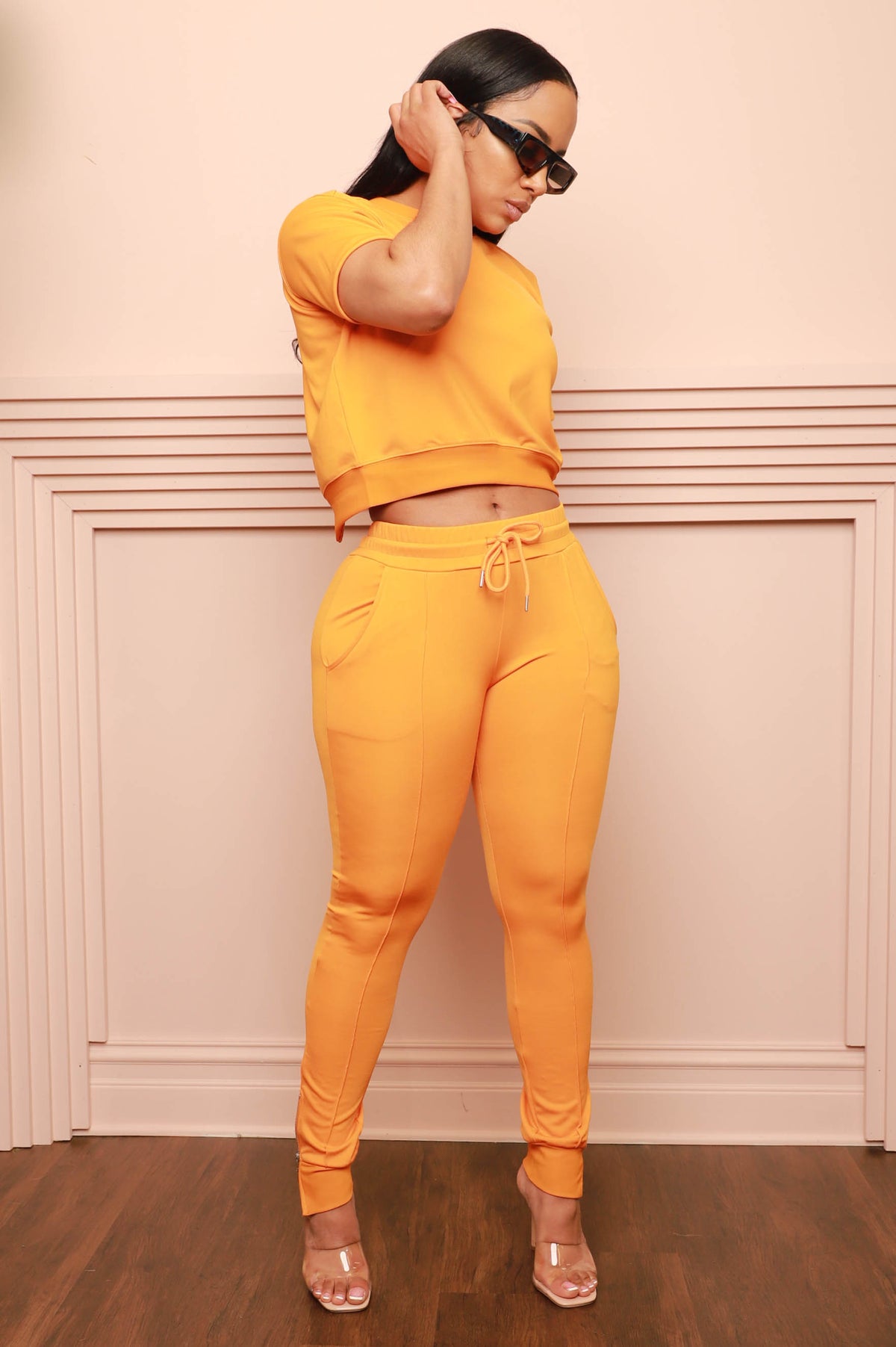 
              Unveiled Reverse Zip Short Sleeve Pants Set - Orange - Swank A Posh
            