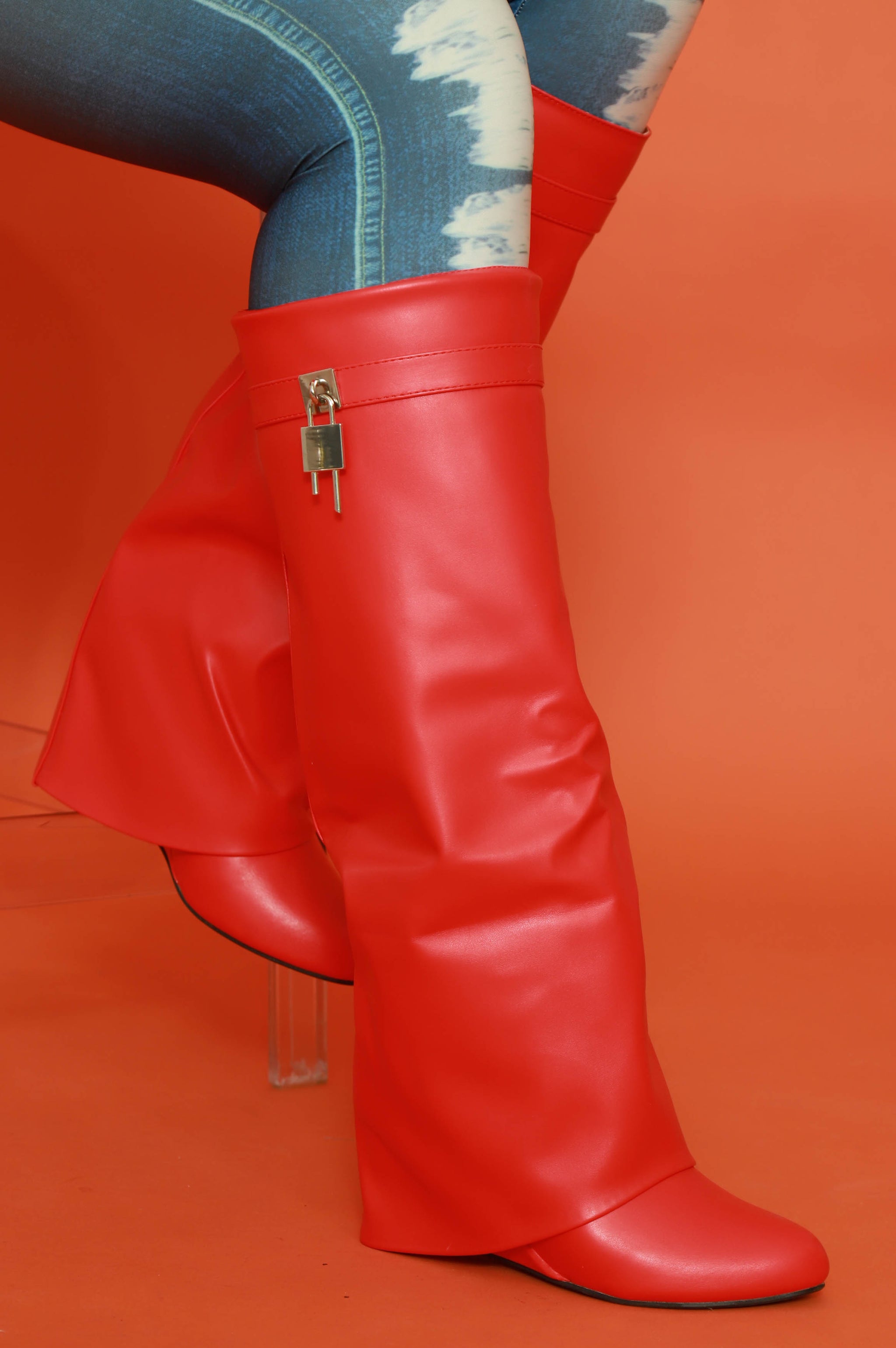 Lock & Key Faux Leather Knee High Boot - Red | Swank A Posh