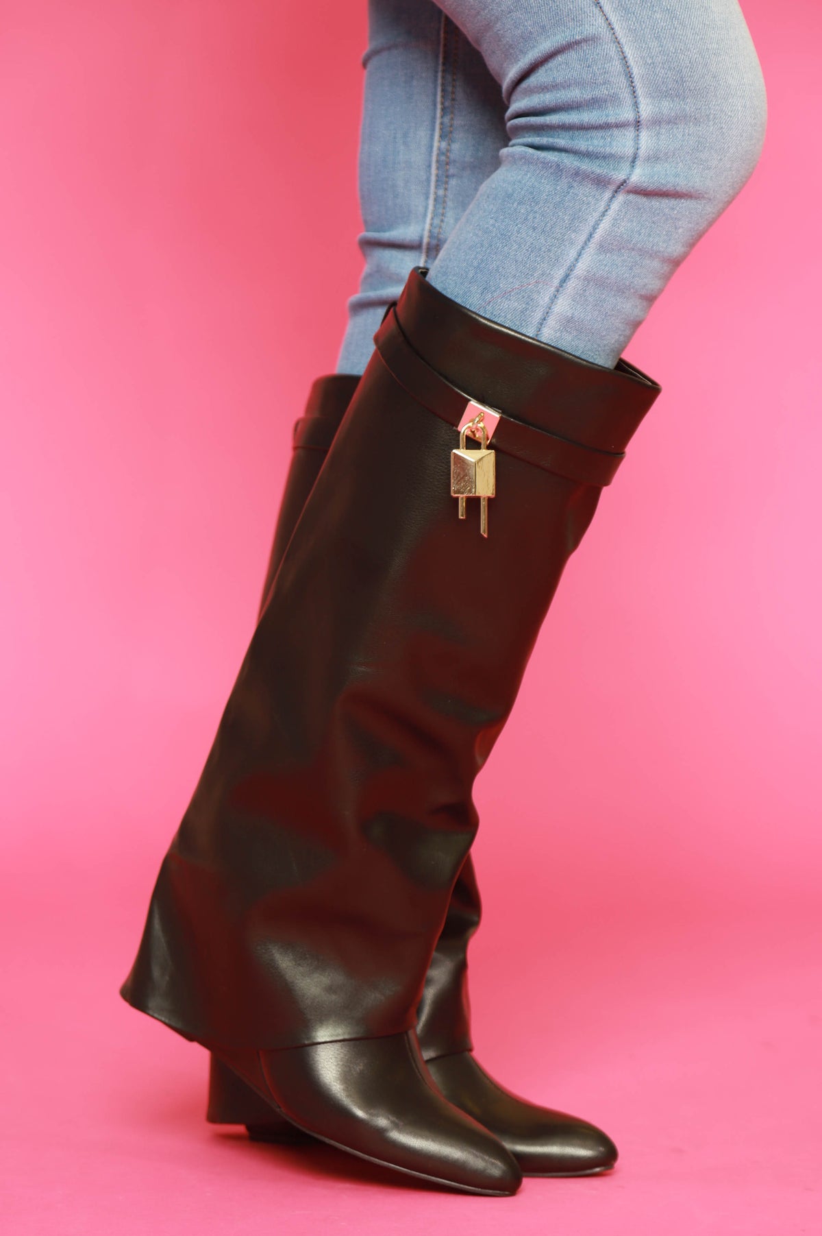 
              Lock &amp; Key Faux Leather Knee High Boot - Black - Swank A Posh
            