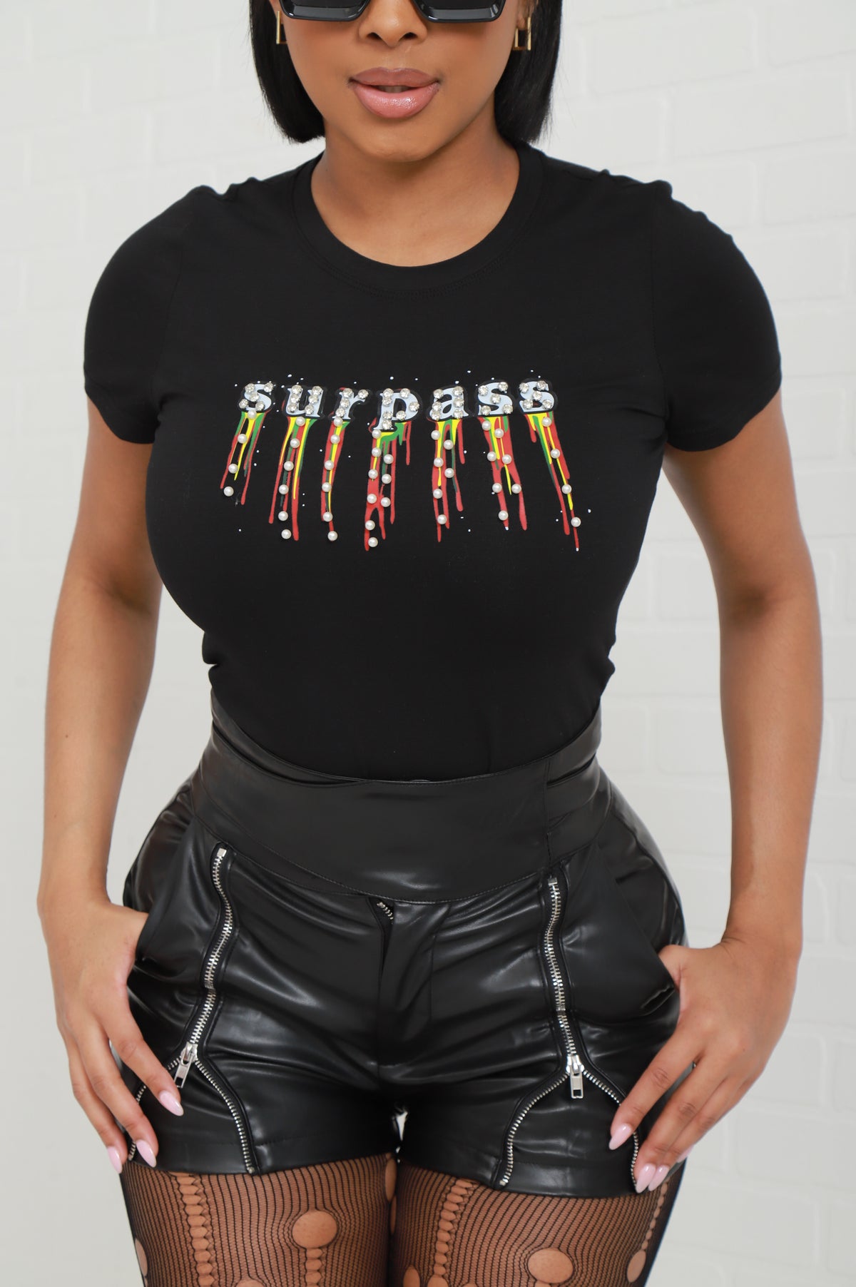 
              Surpass You Rhinestone Embellished Graphic T-Shirt - Black - Swank A Posh
            