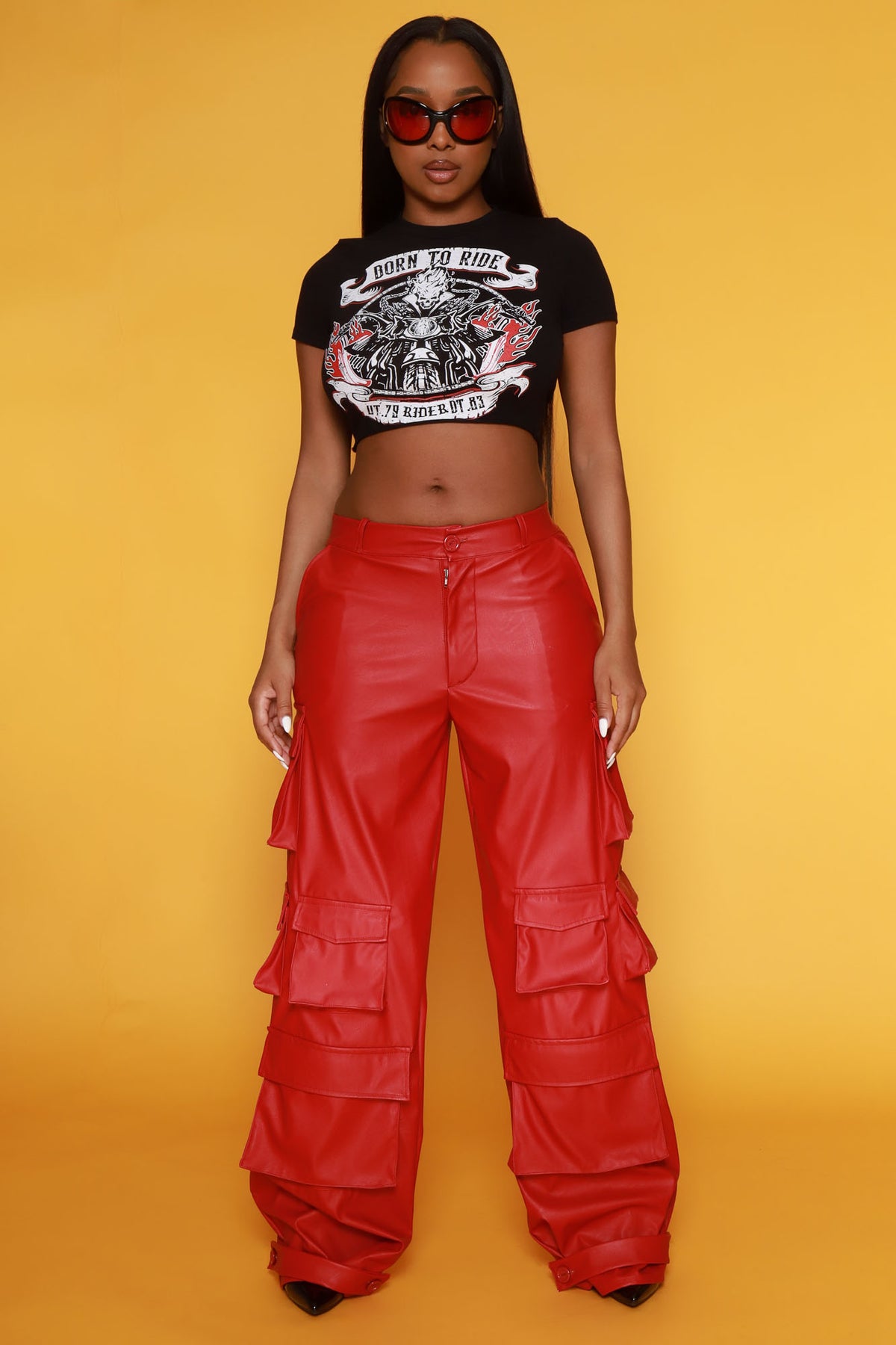 
              Baggy Multi Pocket Long Cargo Pants - Red Faux Leather - Swank A Posh
            