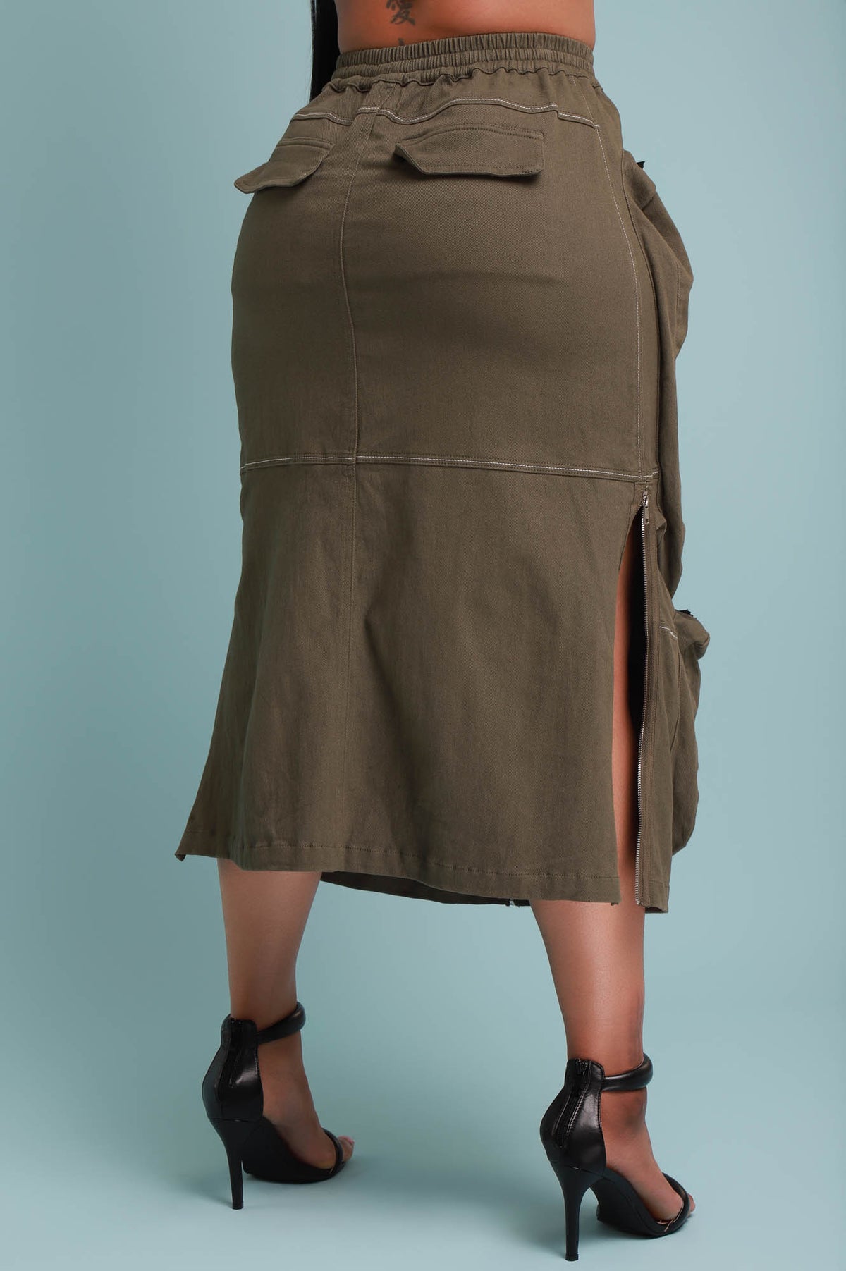 
              Square One Cargo Full Zip Midi Skirt - Olive - Swank A Posh
            
