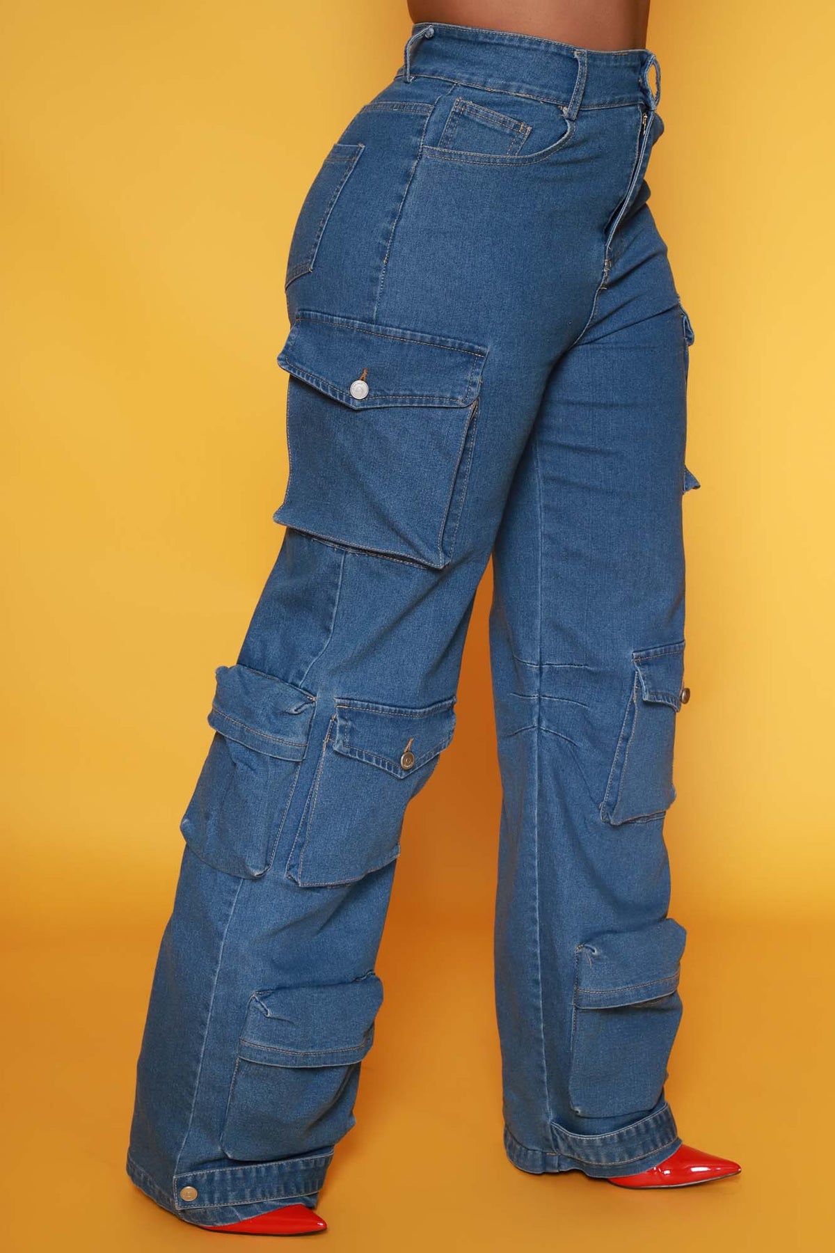 
              Baggy Multi Pocket Long Cargo Pants - Medium Wash - Swank A Posh
            