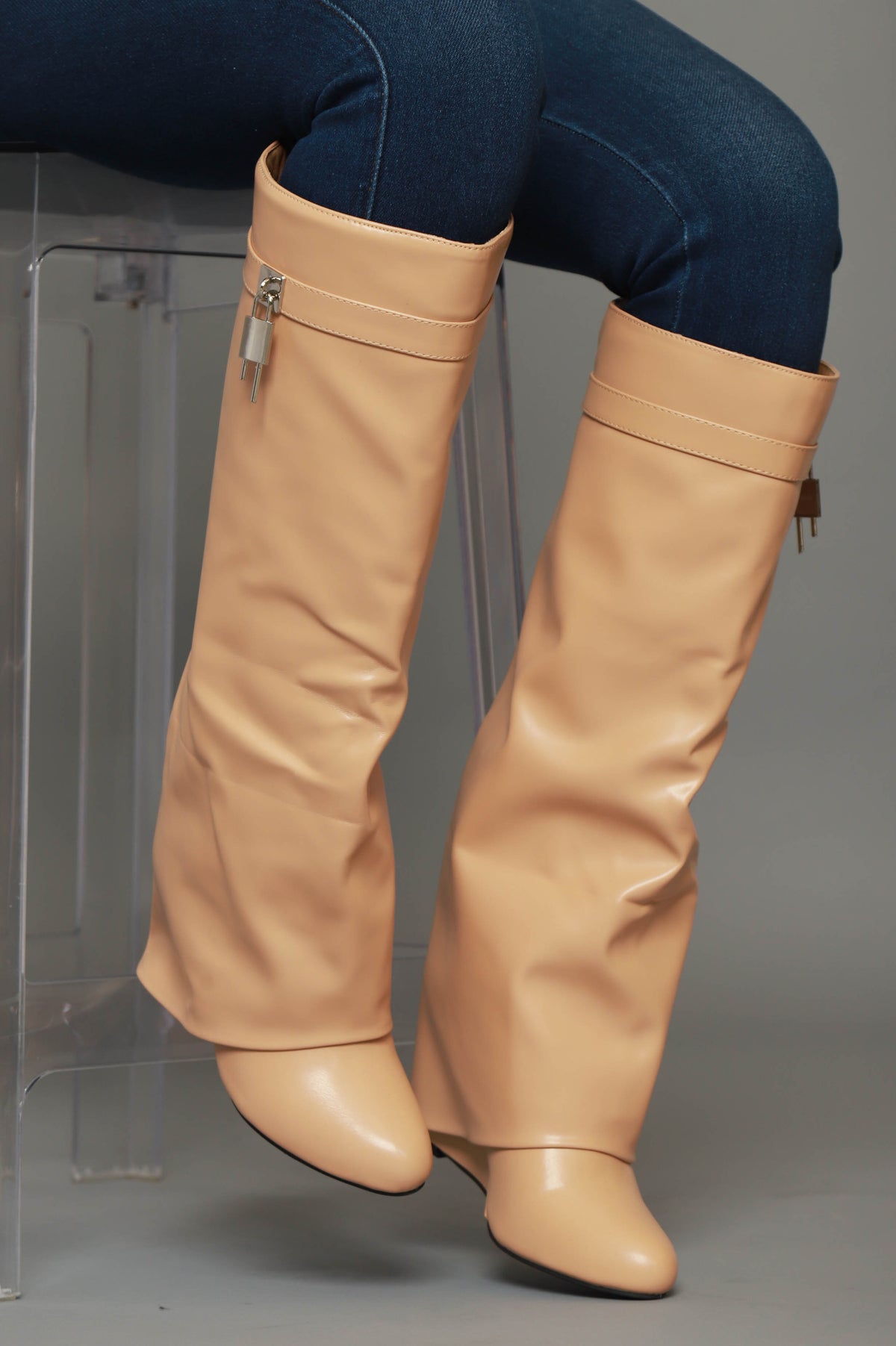 
              Lock &amp; Key Faux Leather Knee High Boot - Nude - Swank A Posh
            