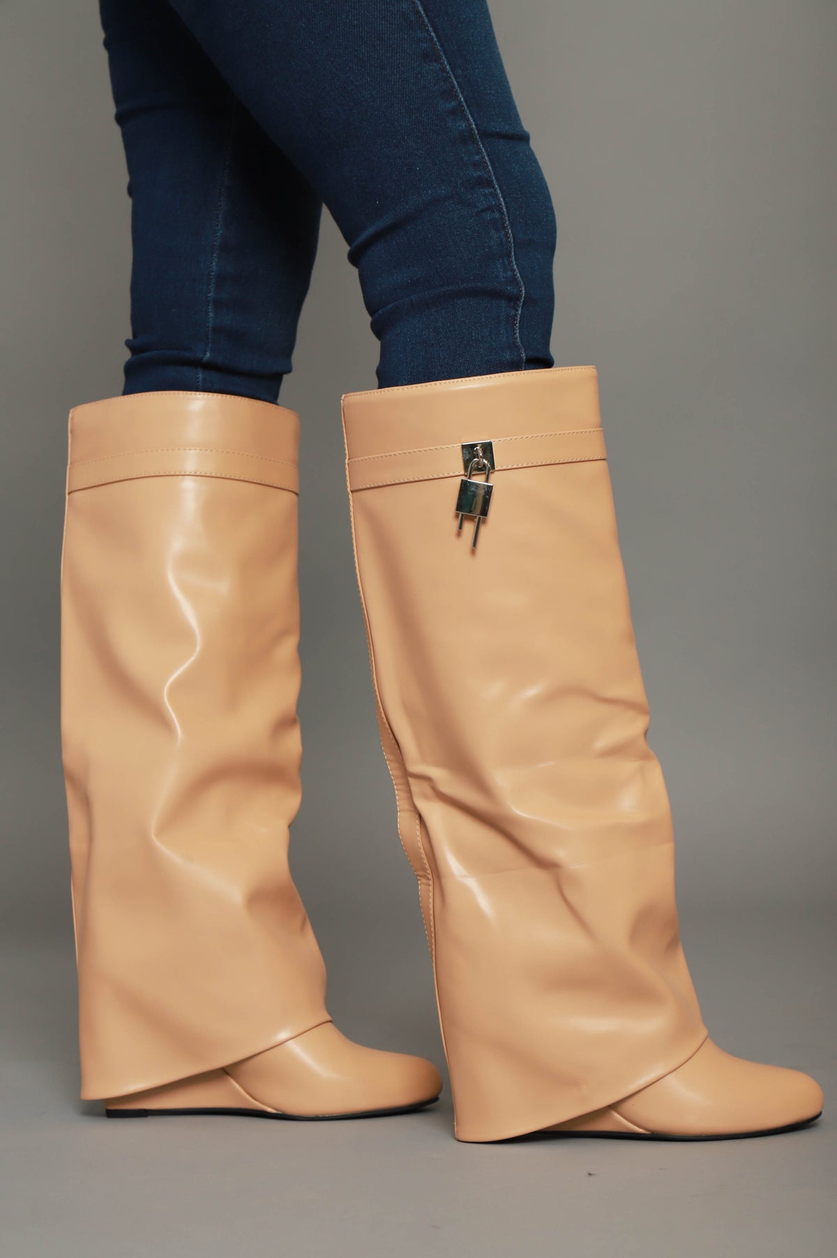 
              Lock &amp; Key Faux Leather Knee High Boot - Nude - Swank A Posh
            