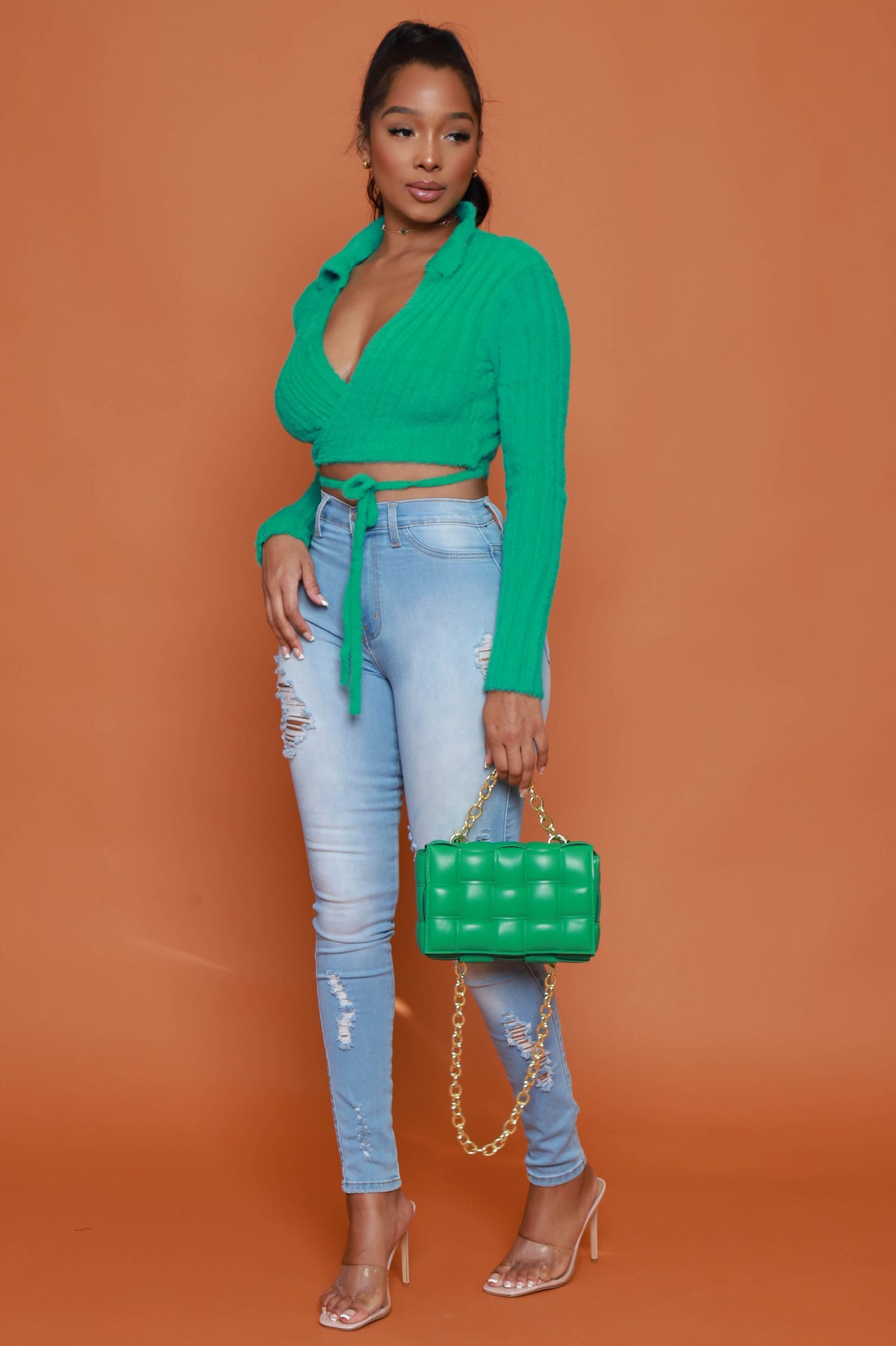 
              Jump On It Ribbed Tie Up Crop Top - Green - Swank A Posh
            