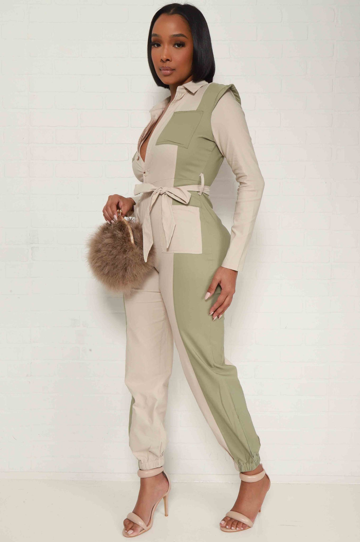 
              Self Love Two Toned Belted Jumpsuit - Taupe/Green - Swank A Posh
            