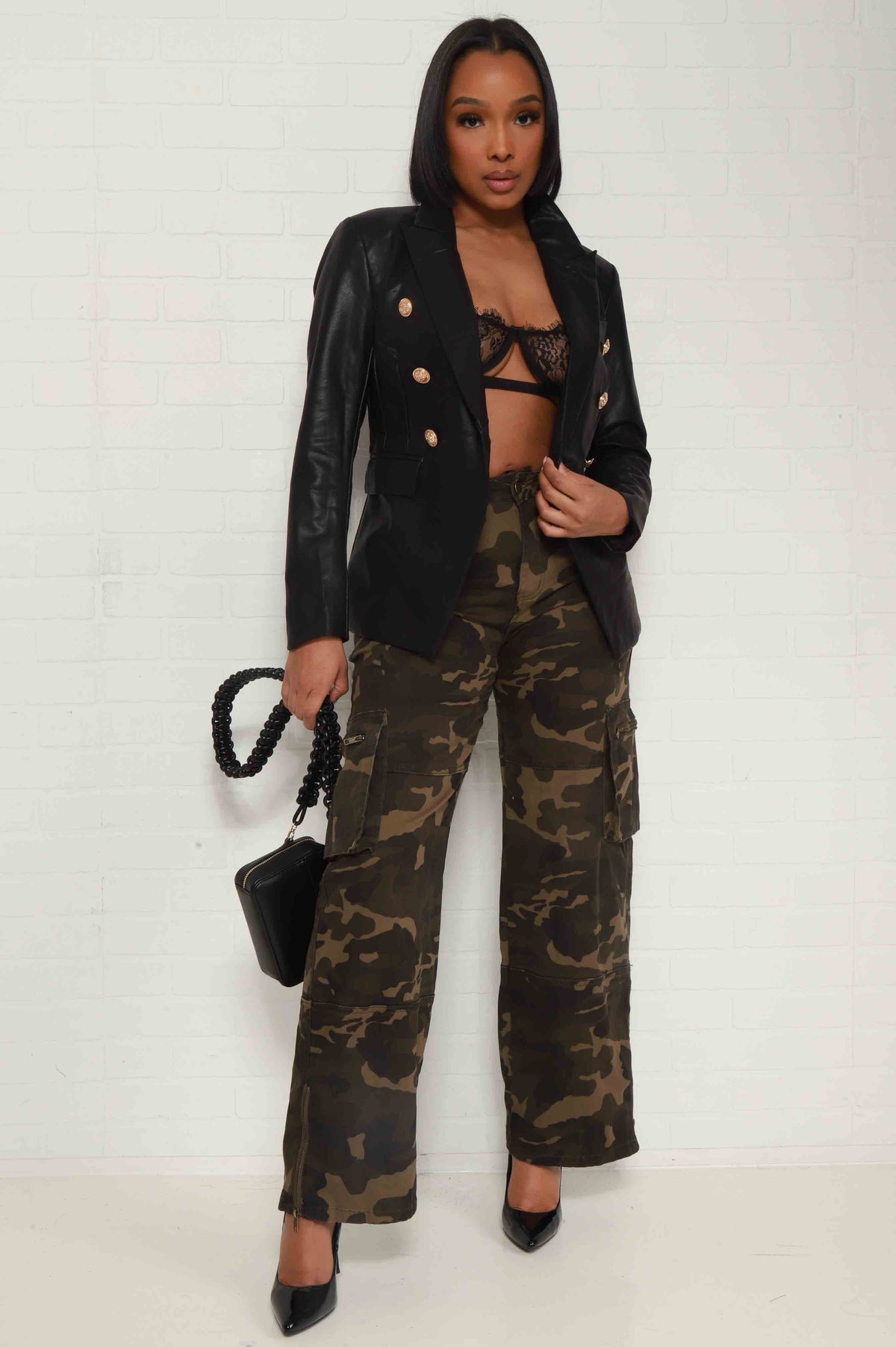 
              At Attention Camouflage Ankle Zip Cargo Pants - Olive - Swank A Posh
            