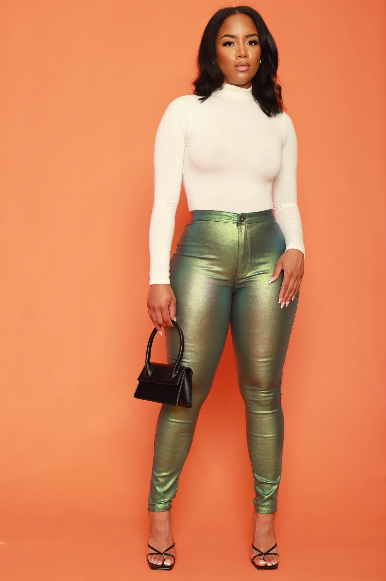 Coming In Hot High Rise Metallic Skinny Pants - Green - Swank A Posh