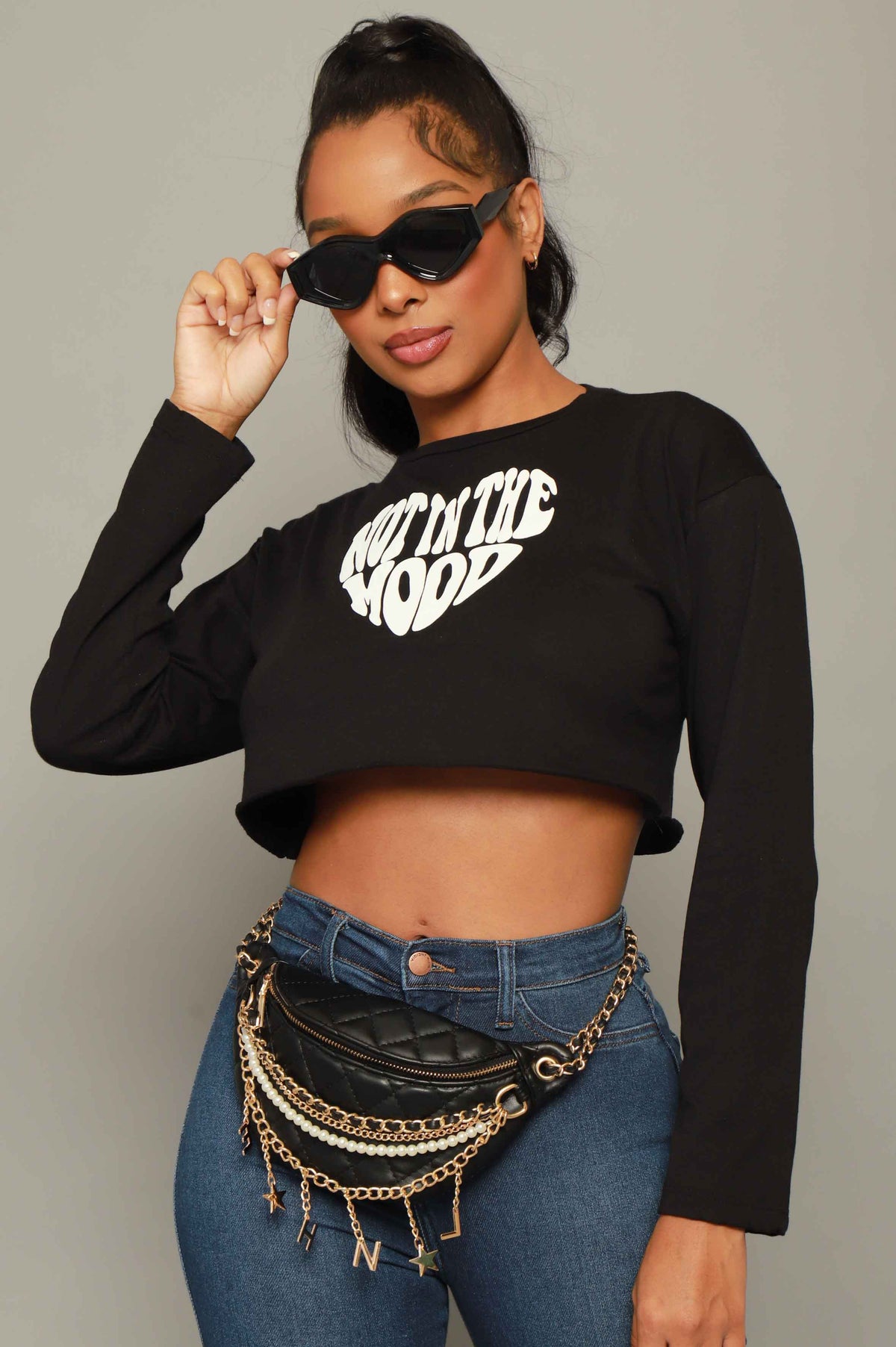 
              Not In The Mood Long Sleeve Graphic Top - Black - Swank A Posh
            