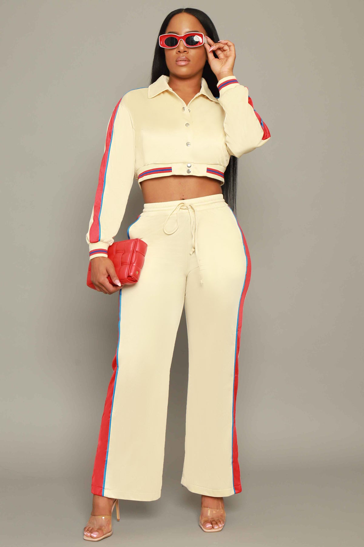 
              Stay Safe Cropped Jogger Set - Beige/Red - Swank A Posh
            