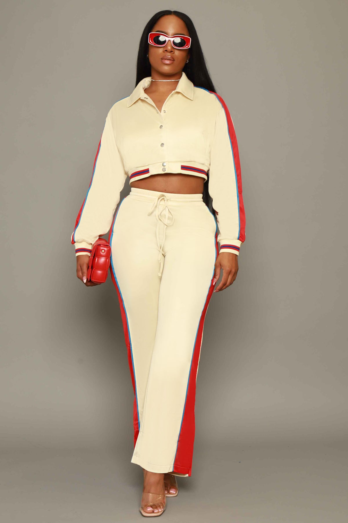 
              Stay Safe Cropped Jogger Set - Beige/Red - Swank A Posh
            