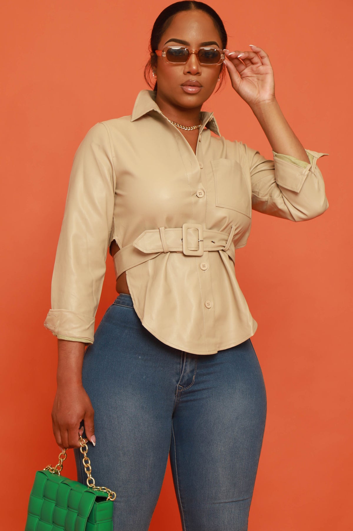 
              Can&#39;t Relax Belted Faux Leather Open Back Shirt - Taupe - Swank A Posh
            