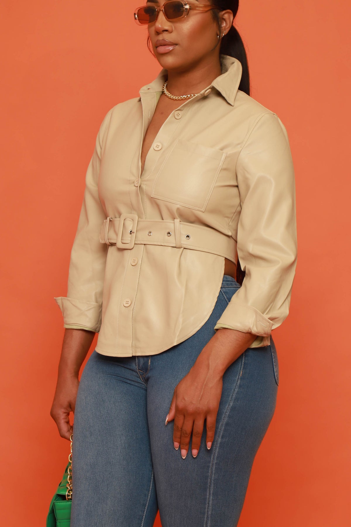 
              Can&#39;t Relax Belted Faux Leather Open Back Shirt - Taupe - Swank A Posh
            