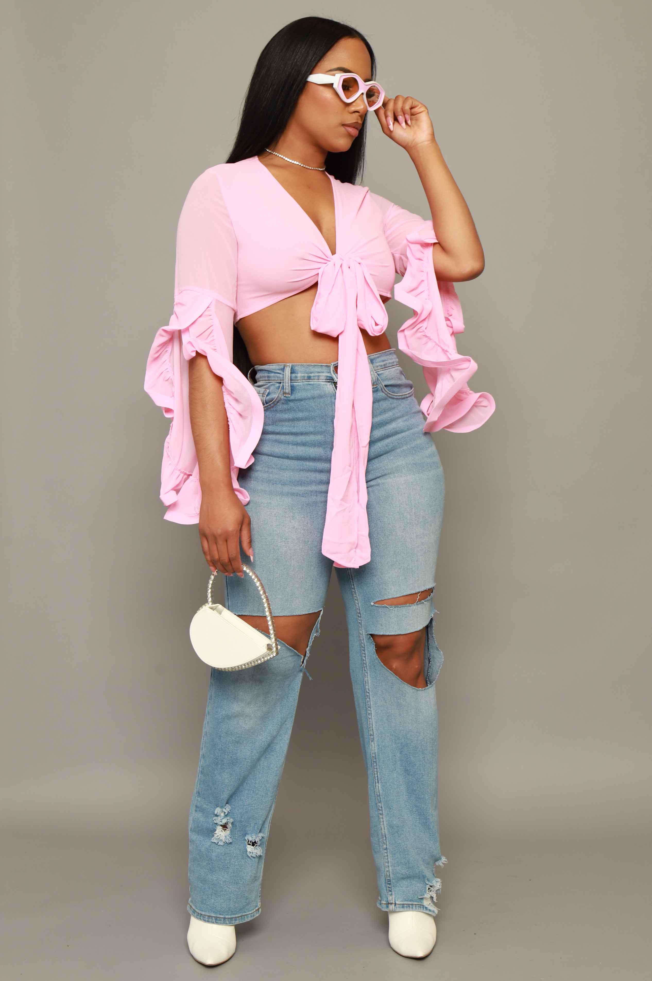 Malibu Babe Ruffled Sheer Crop Top - Pink - Swank A Posh