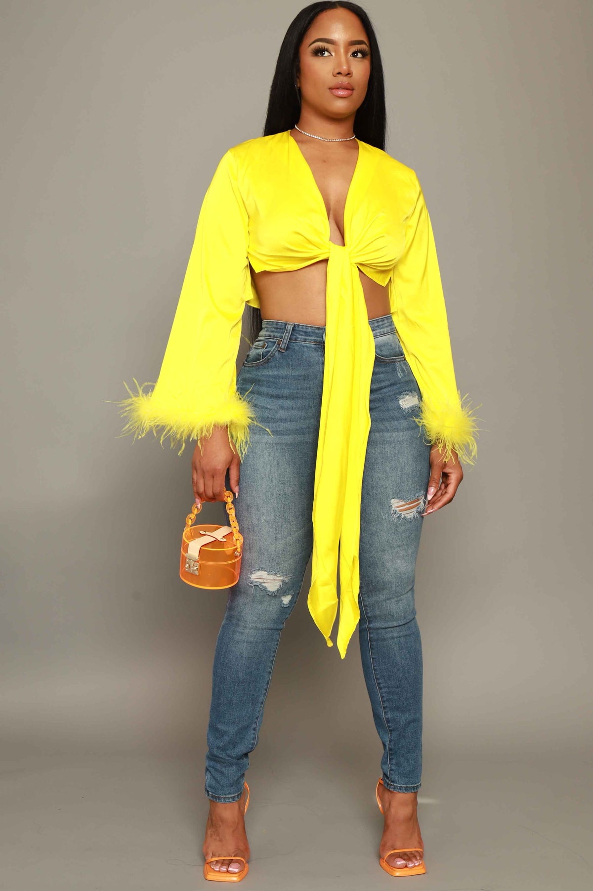 
              Winning Circle Feather Tie Up Crop Top - Yellow - Swank A Posh
            