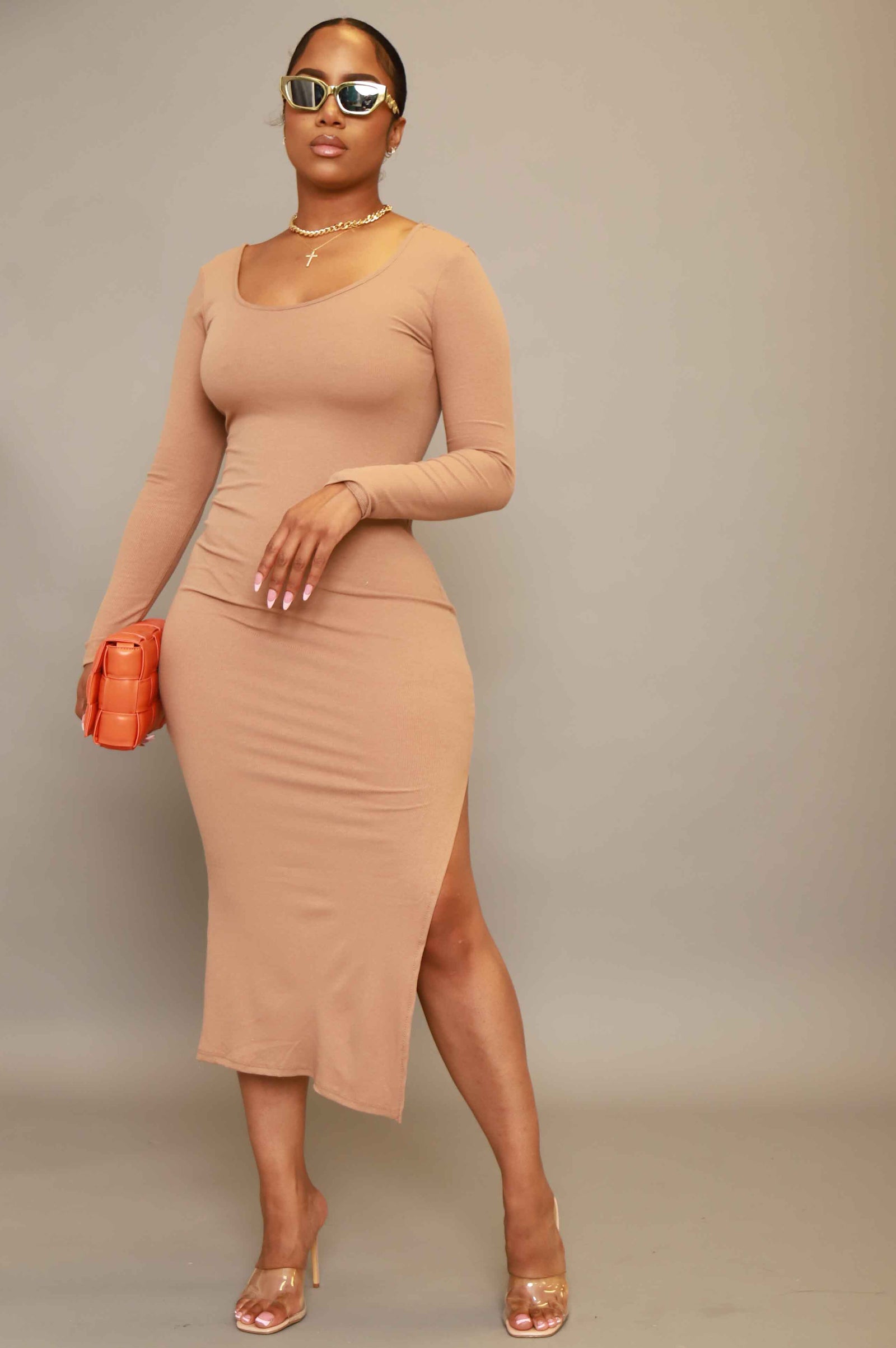 Good Love Scoop Neck Midi Dress - Taupe - Swank A Posh