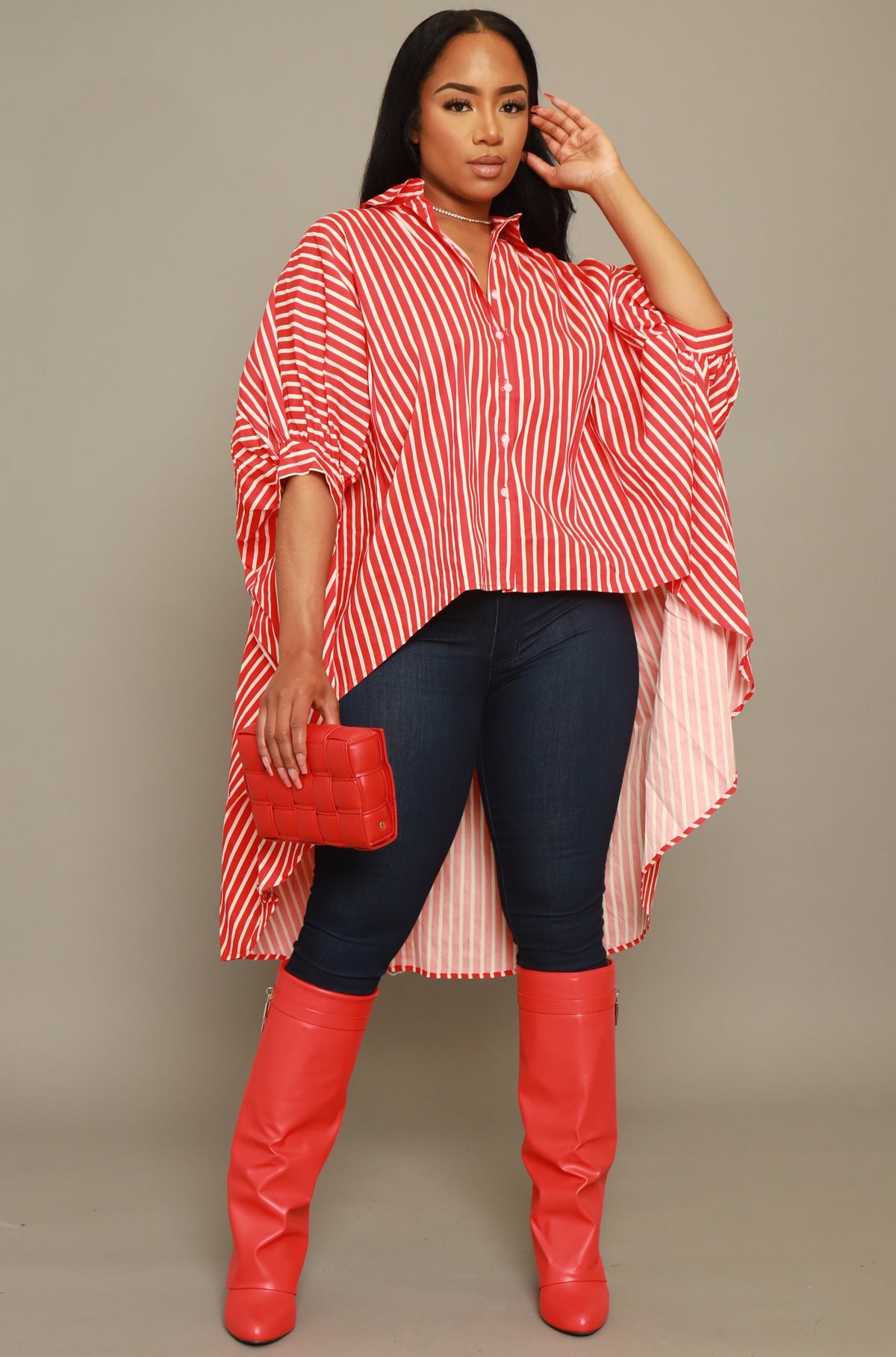 
              Don&#39;t Leave Oversized Striped Button Up Top - Red/White - Swank A Posh
            