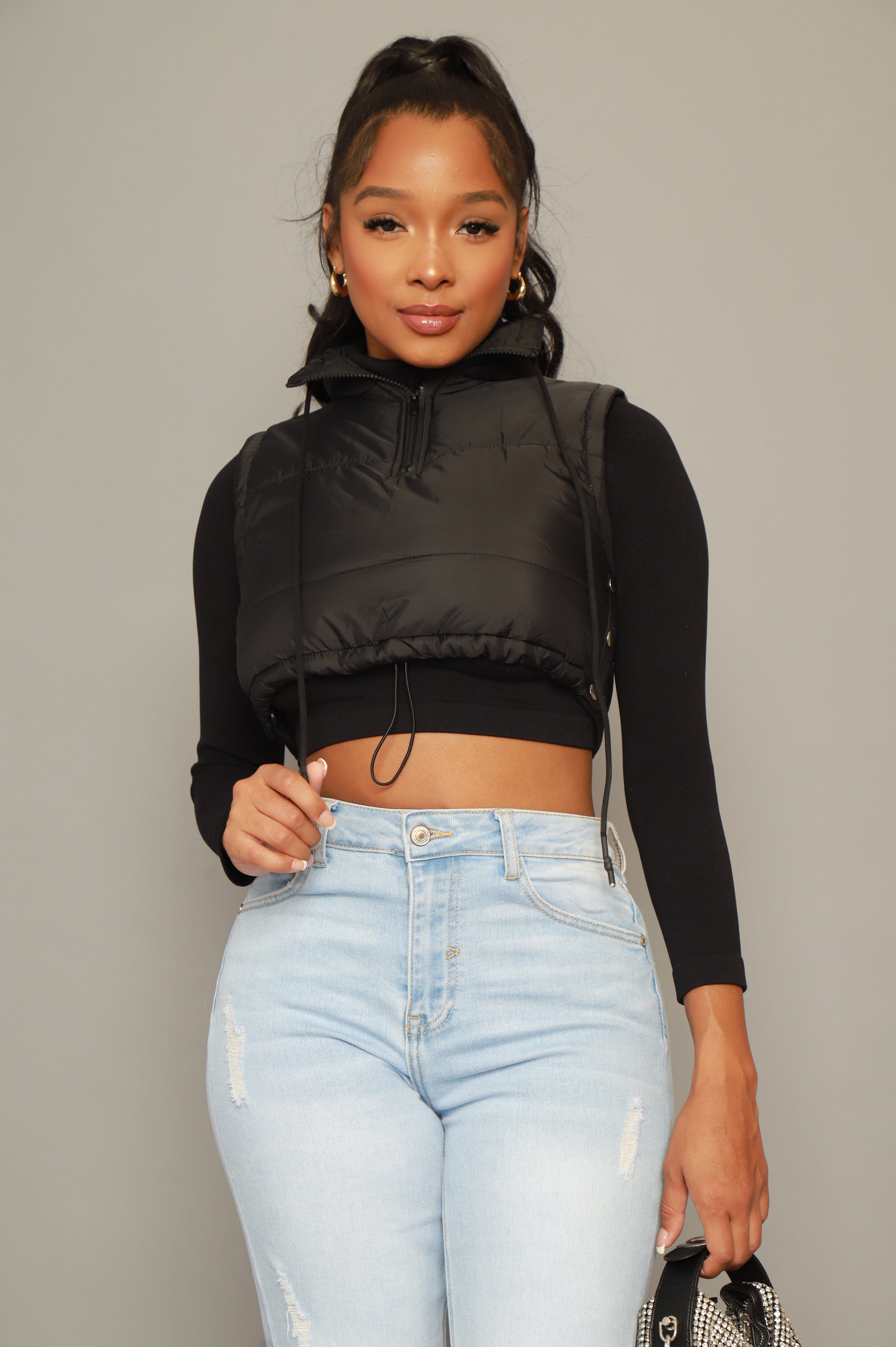 Black High Neck Cropped Puffer Vest, Small