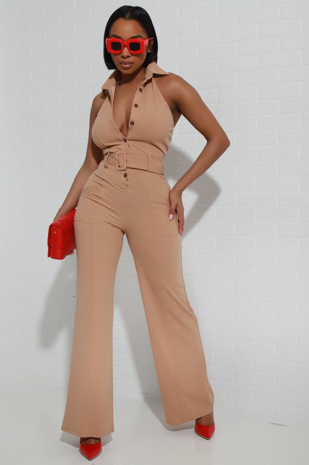 
              First Pick Halter Neck Belted Jumpsuit - Taupe - Swank A Posh
            