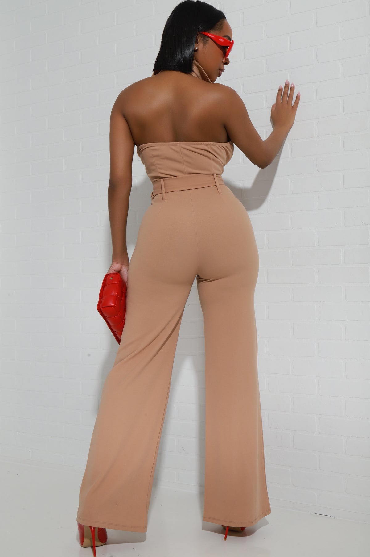 
              First Pick Halter Neck Belted Jumpsuit - Taupe - Swank A Posh
            
