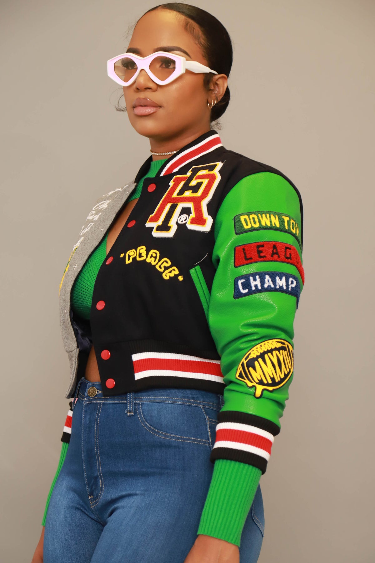 
              Honor Roll Faux Leather Cropped Varsity Jacket - Multicolor - Swank A Posh
            