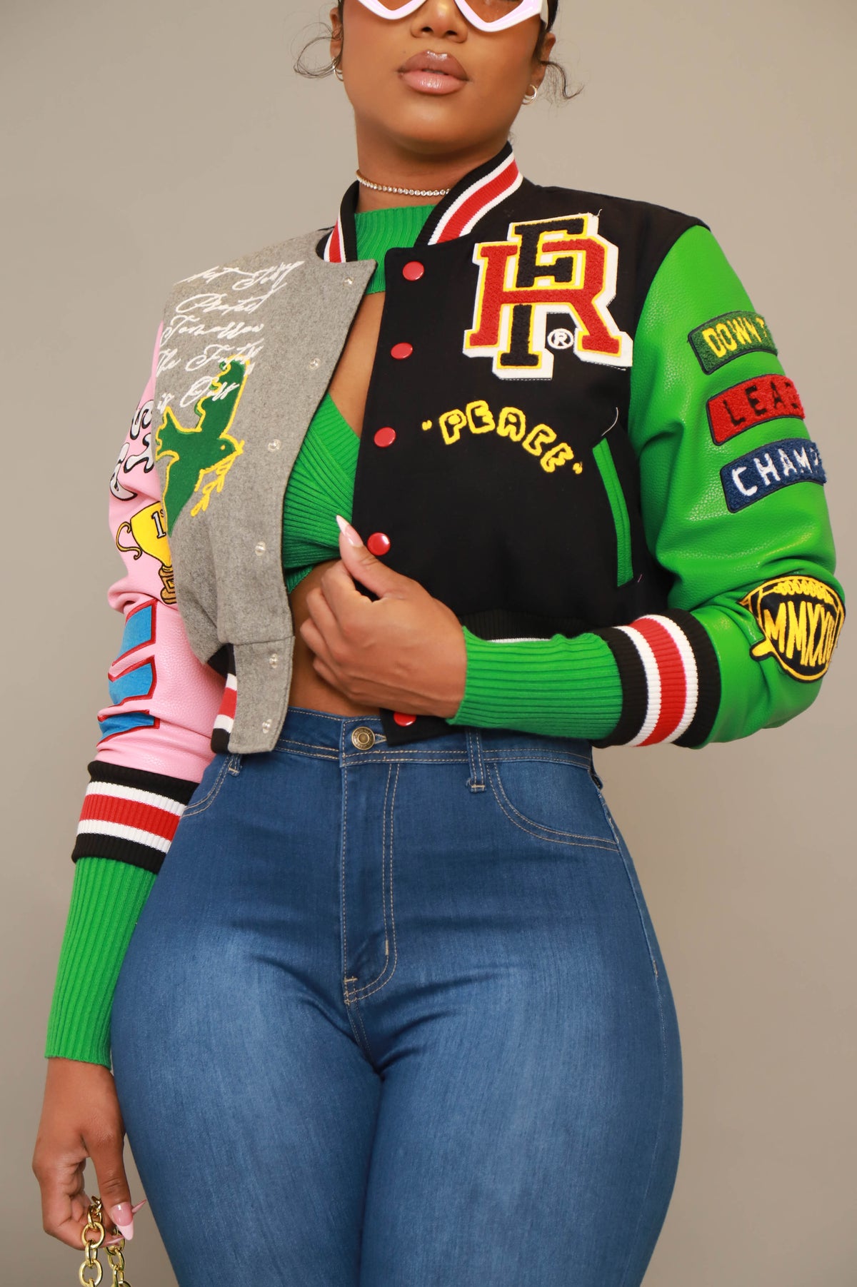
              Honor Roll Faux Leather Cropped Varsity Jacket - Multicolor - Swank A Posh
            