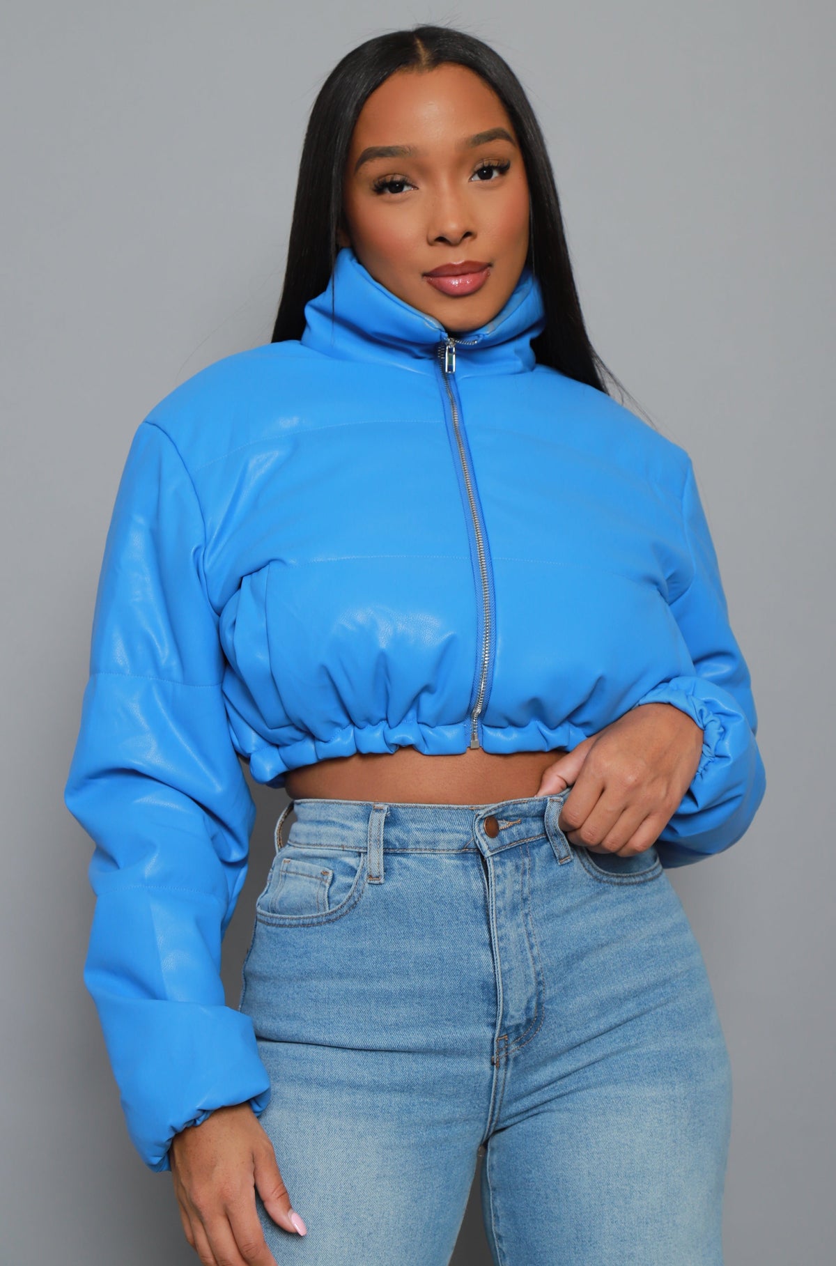 
              Gotta Roll Cropped Faux Leather Puffer Jacket - Royal Blue - Swank A Posh
            