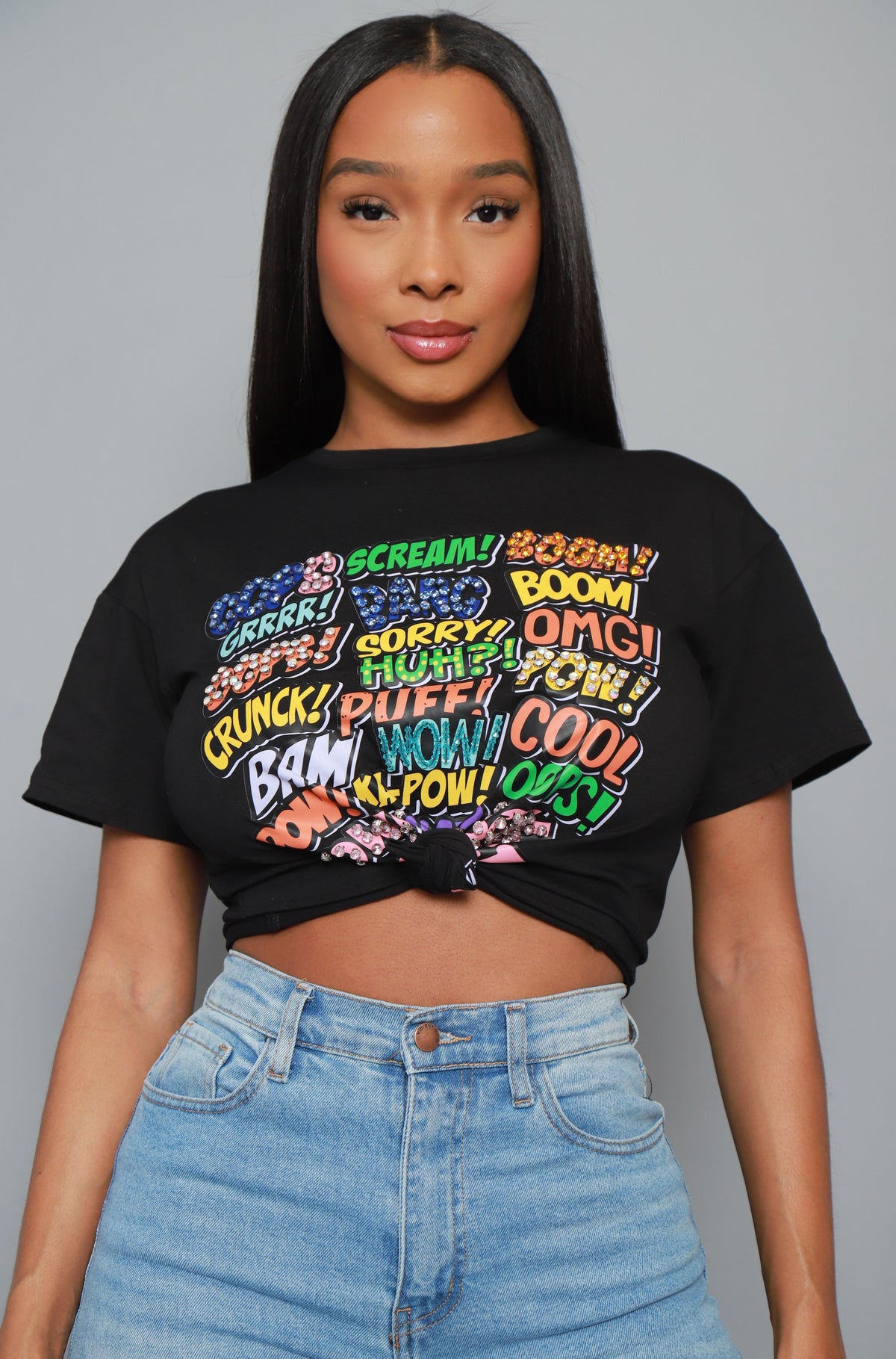 
              Shout Out Embellished Graphic Print T-Shirt - Black - Swank A Posh
            