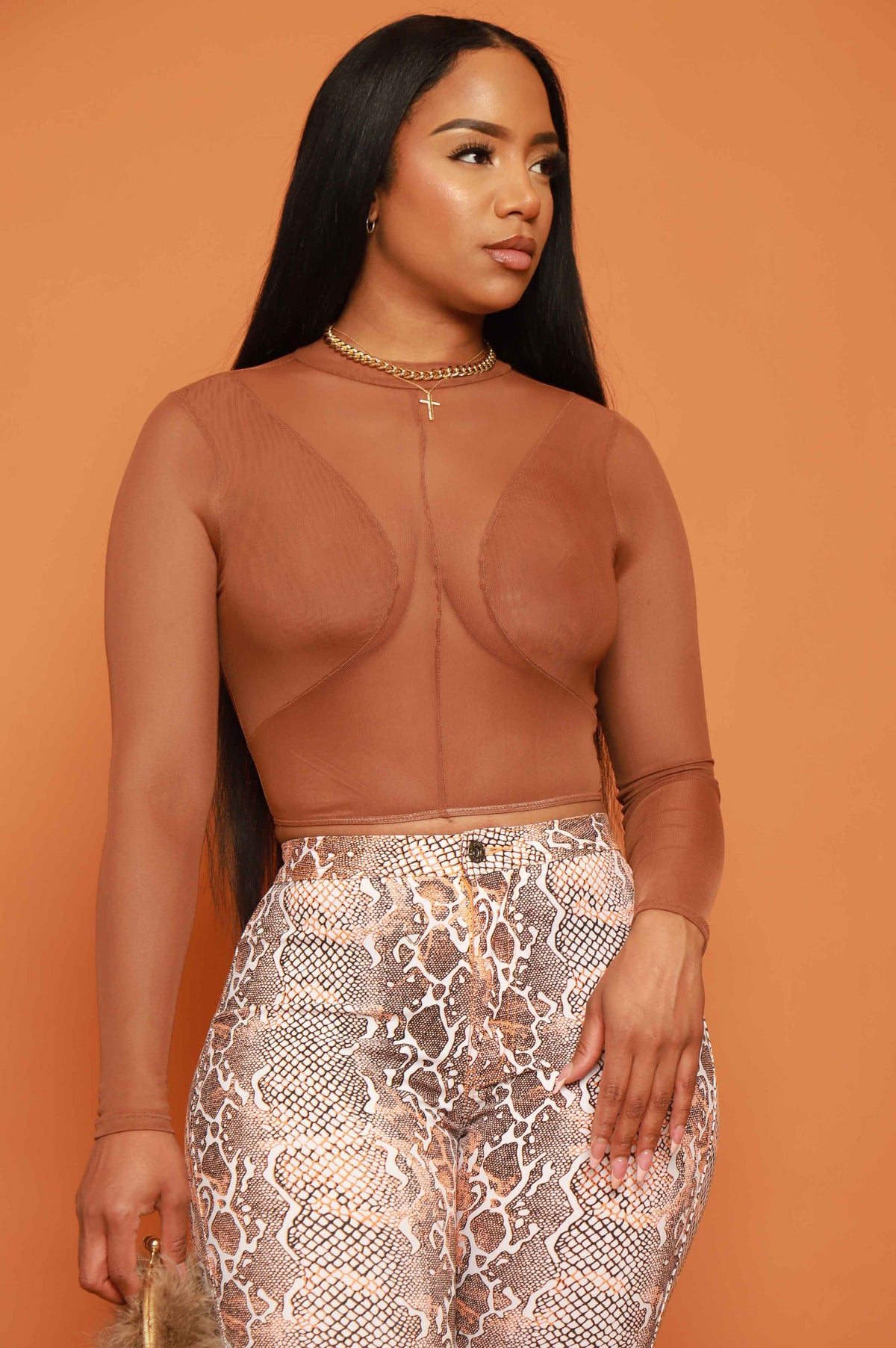 
              Found Out Mesh Long Sleeve Crop Top - Brown - Swank A Posh
            