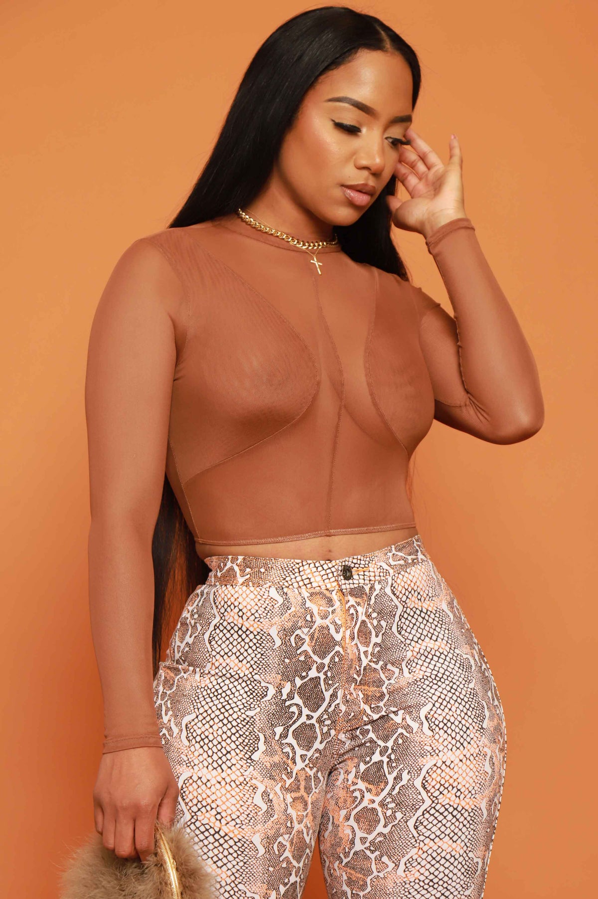 
              Found Out Mesh Long Sleeve Crop Top - Brown - Swank A Posh
            
