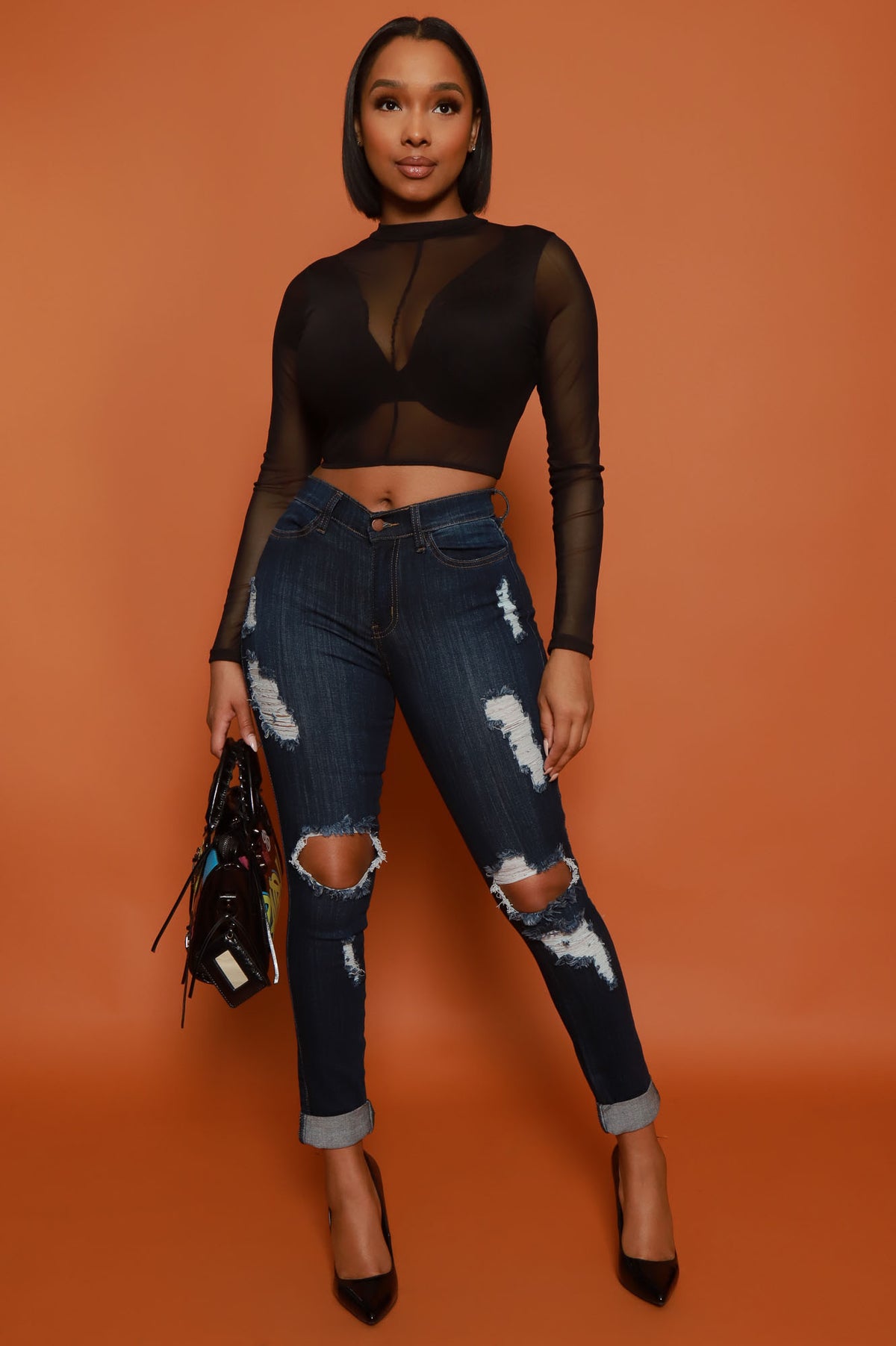 
              Found Out Mesh Long Sleeve Crop Top - Black - Swank A Posh
            