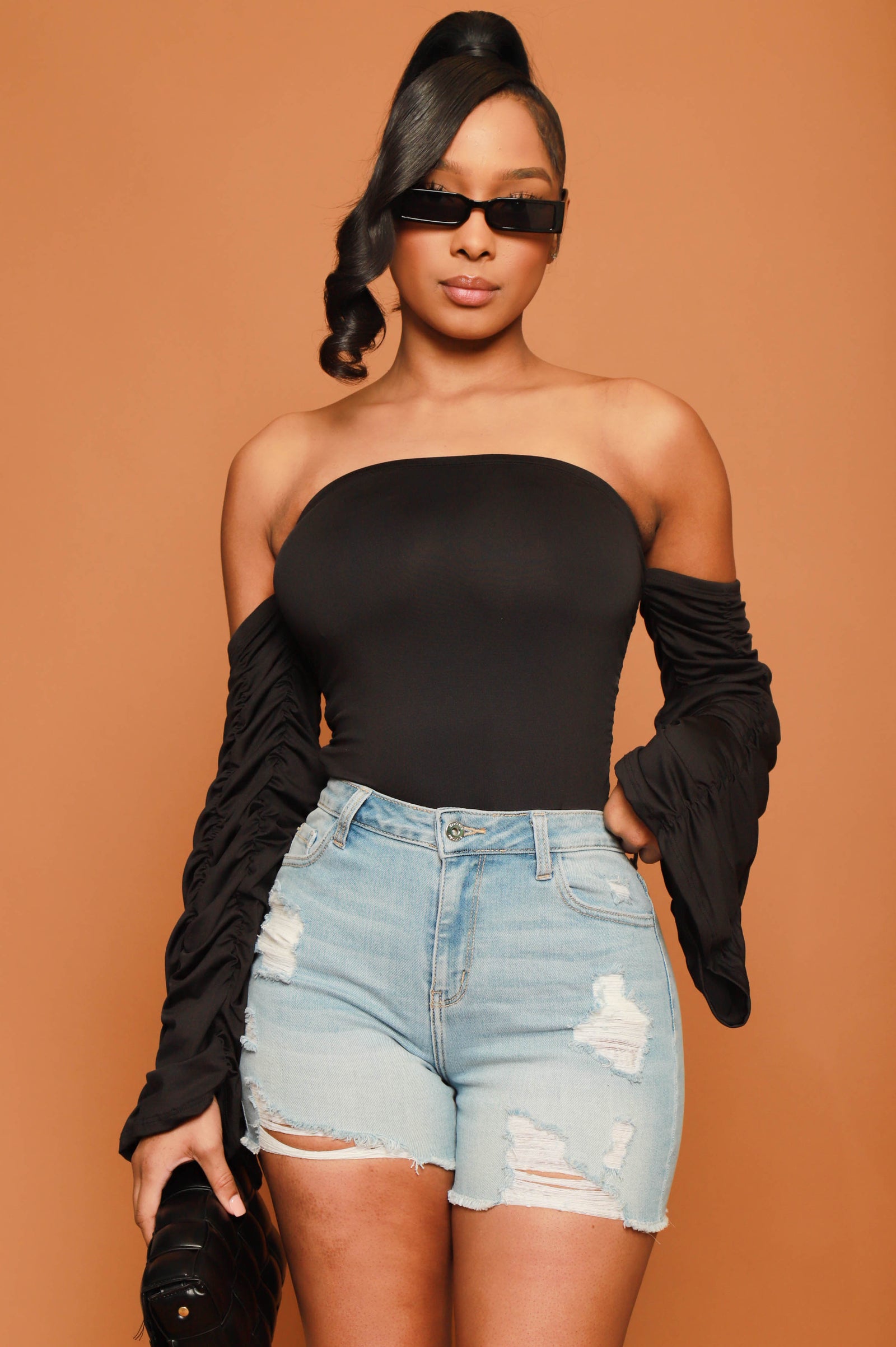 Proactive Ruche Sleeve Bodysuit - Black - Swank A Posh
