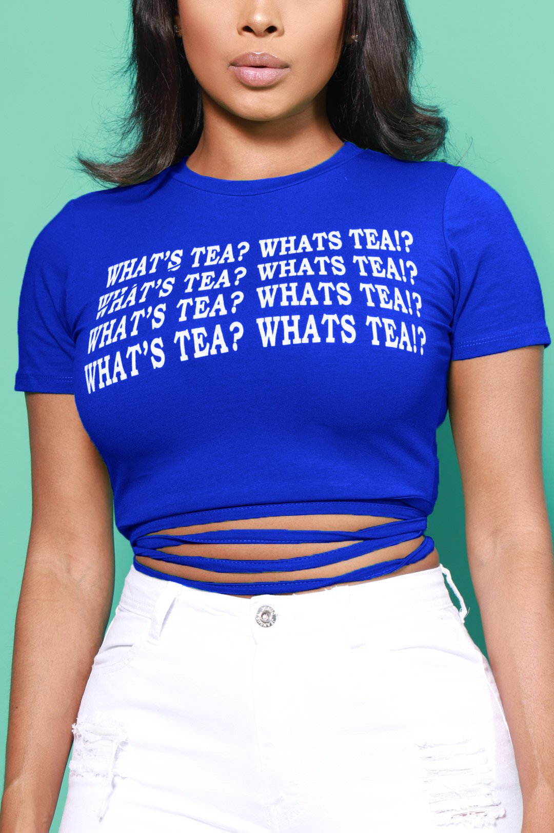 
              What&#39;s Tea? Printed Open Back T-Shirt - Royal Blue - Swank A Posh
            