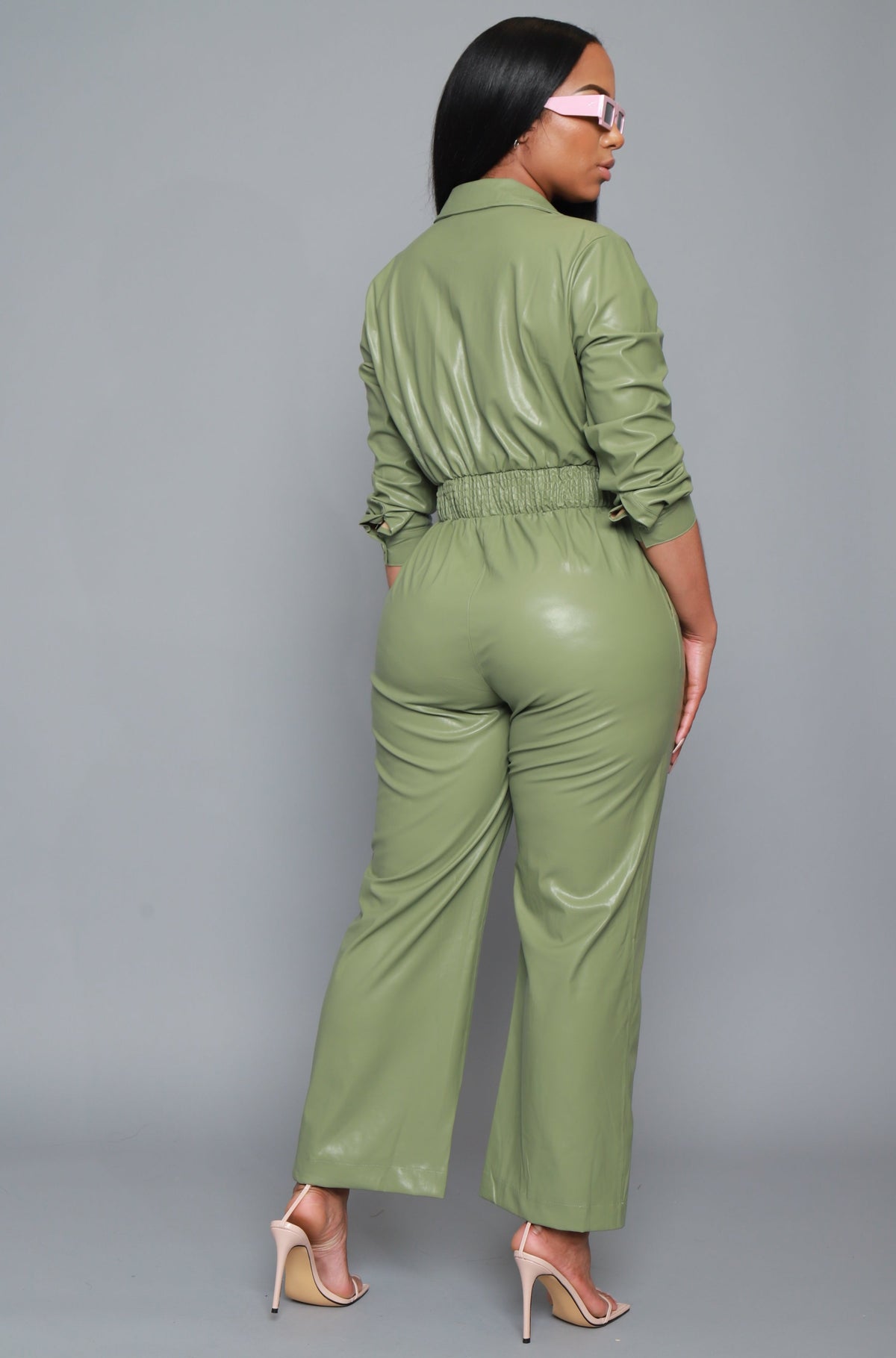 
              Back To Us Faux Leather Jumpsuit - Sage - Swank A Posh
            