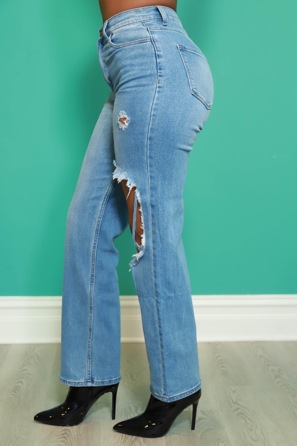 
              No Dress Code High Waist Distressed Bootcut Jeans - Medium Wash - Swank A Posh
            