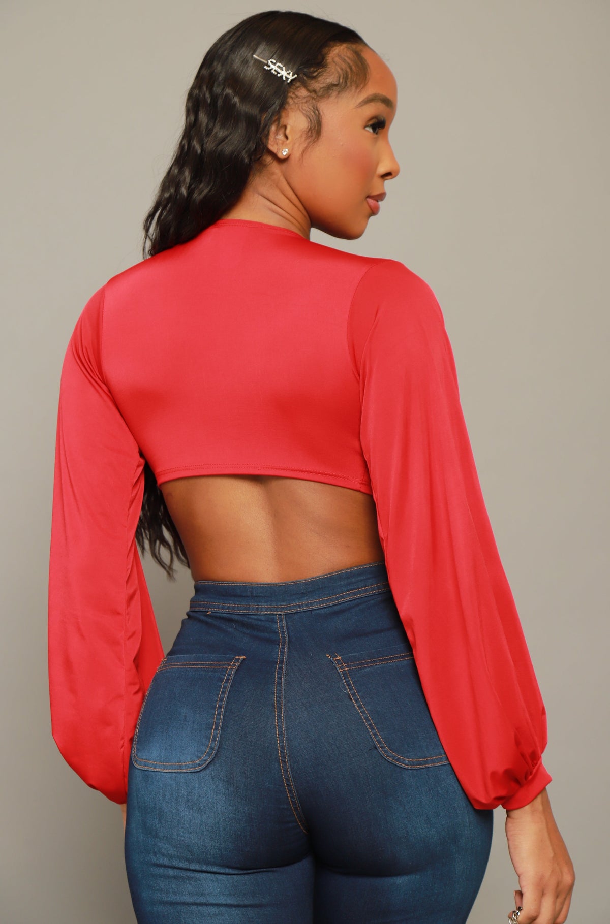 
              Please Hold Long Sleeve Tie Up Crop Top - Red - Swank A Posh
            