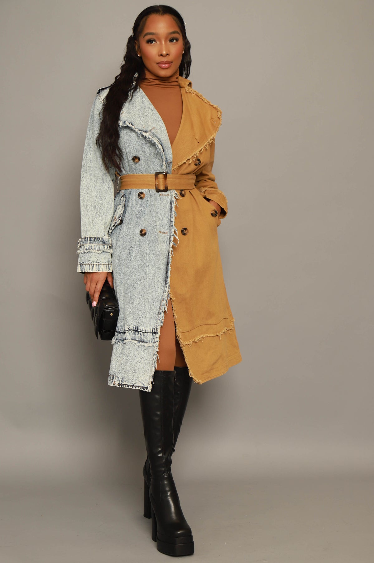
              Can&#39;t Get Away Two Toned Trench Coat - Light Wash/Khaki - Swank A Posh
            