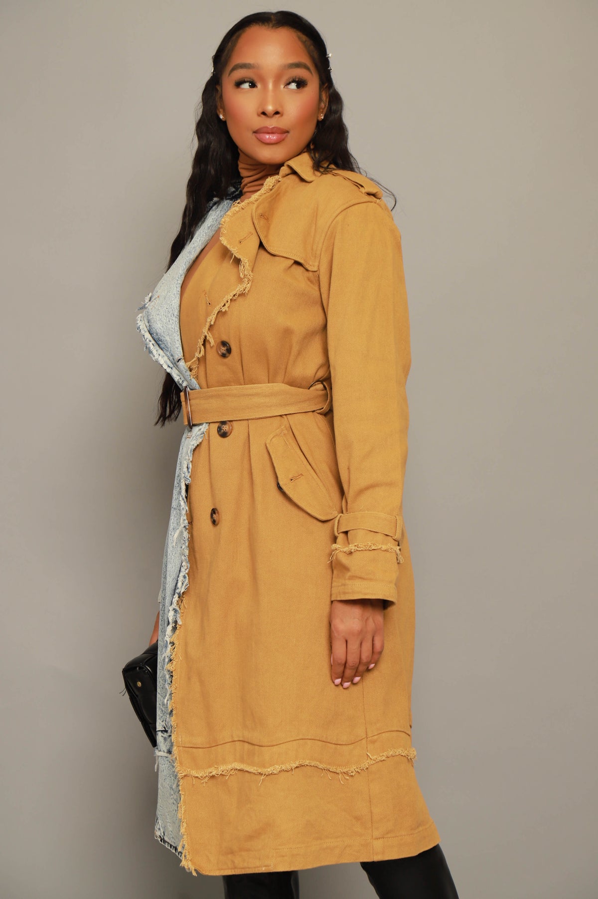 
              Can&#39;t Get Away Two Toned Trench Coat - Light Wash/Khaki - Swank A Posh
            