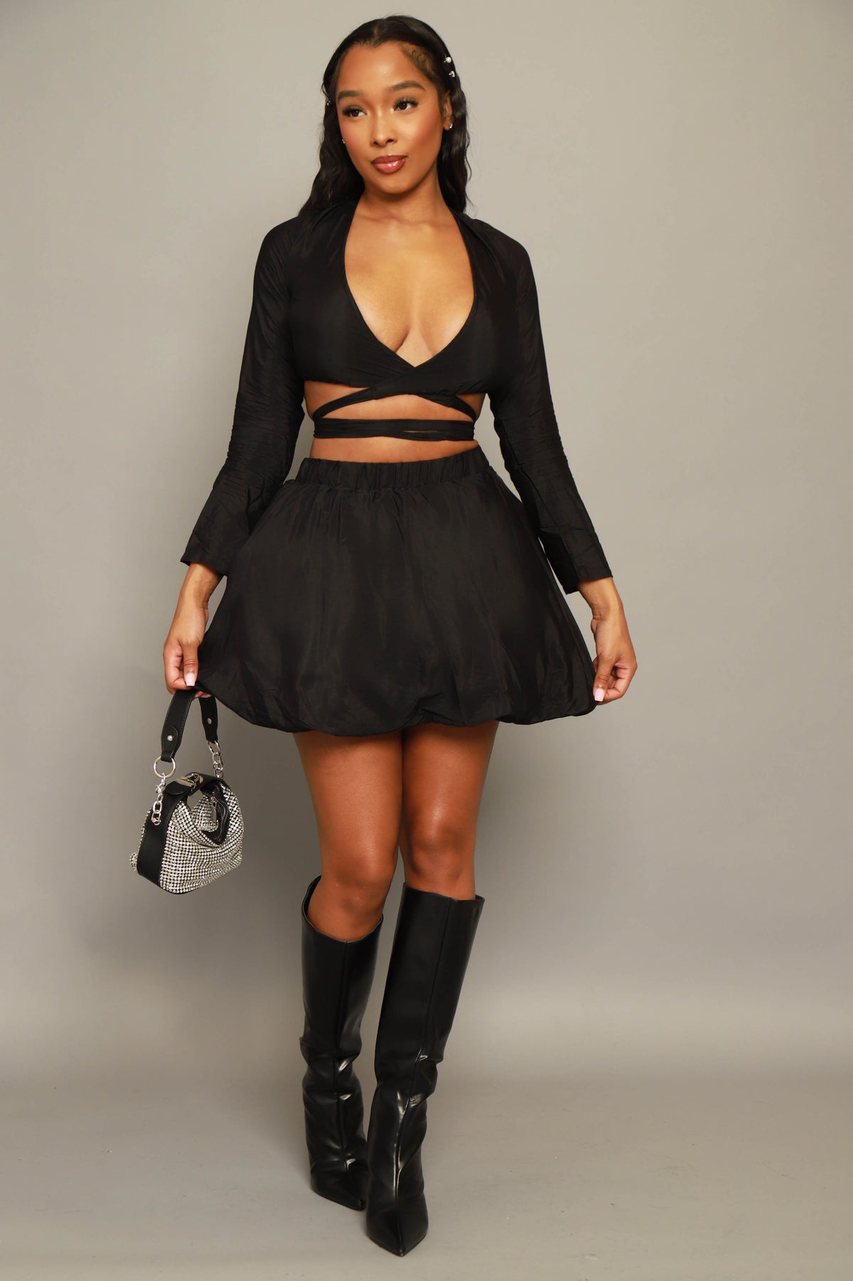 
              Start Thinking Cropped Puff Skirt Set - Black - Swank A Posh
            