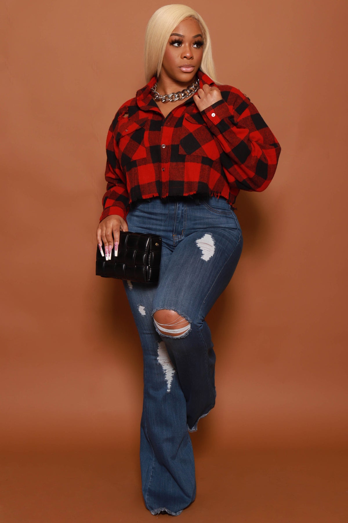 
              Wish You Were Here Cropped Flannel Button Up - Red/Black - Swank A Posh
            