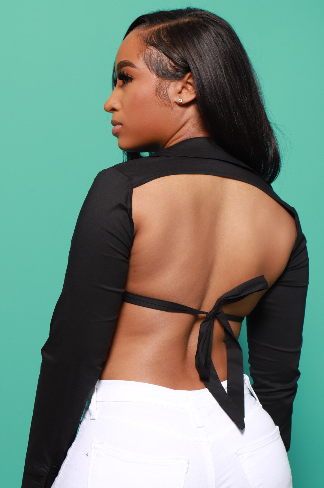
              Exposed Open Back Cropped Blouse - Black - Swank A Posh
            