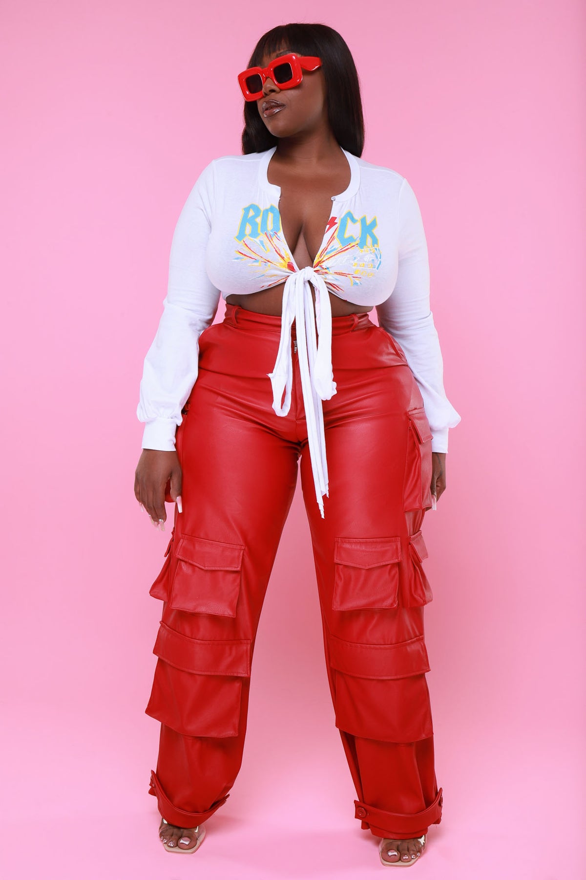 
              Baggy Multi Pocket Long Cargo Pants - Red Faux Leather - Swank A Posh
            