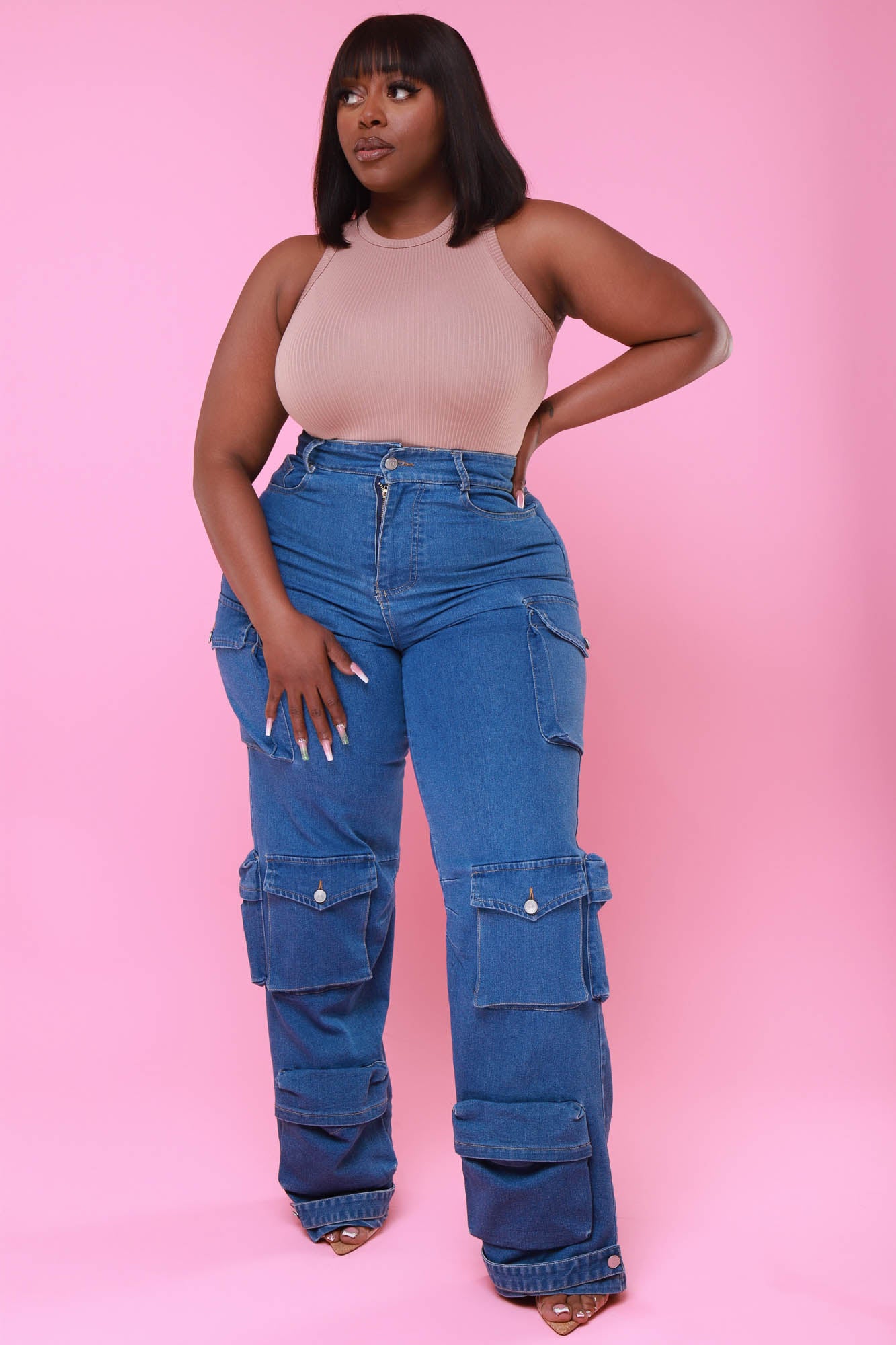 High Waisted Cargo Pants - Pink Wash