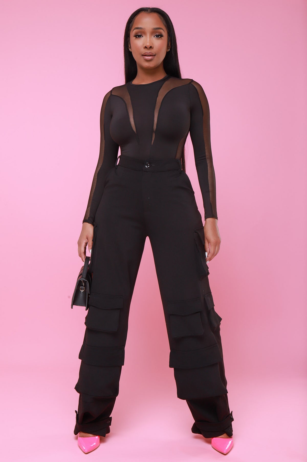 
              Freefall Long Sleeve Sheer Panel Bodysuit - Black - Swank A Posh
            