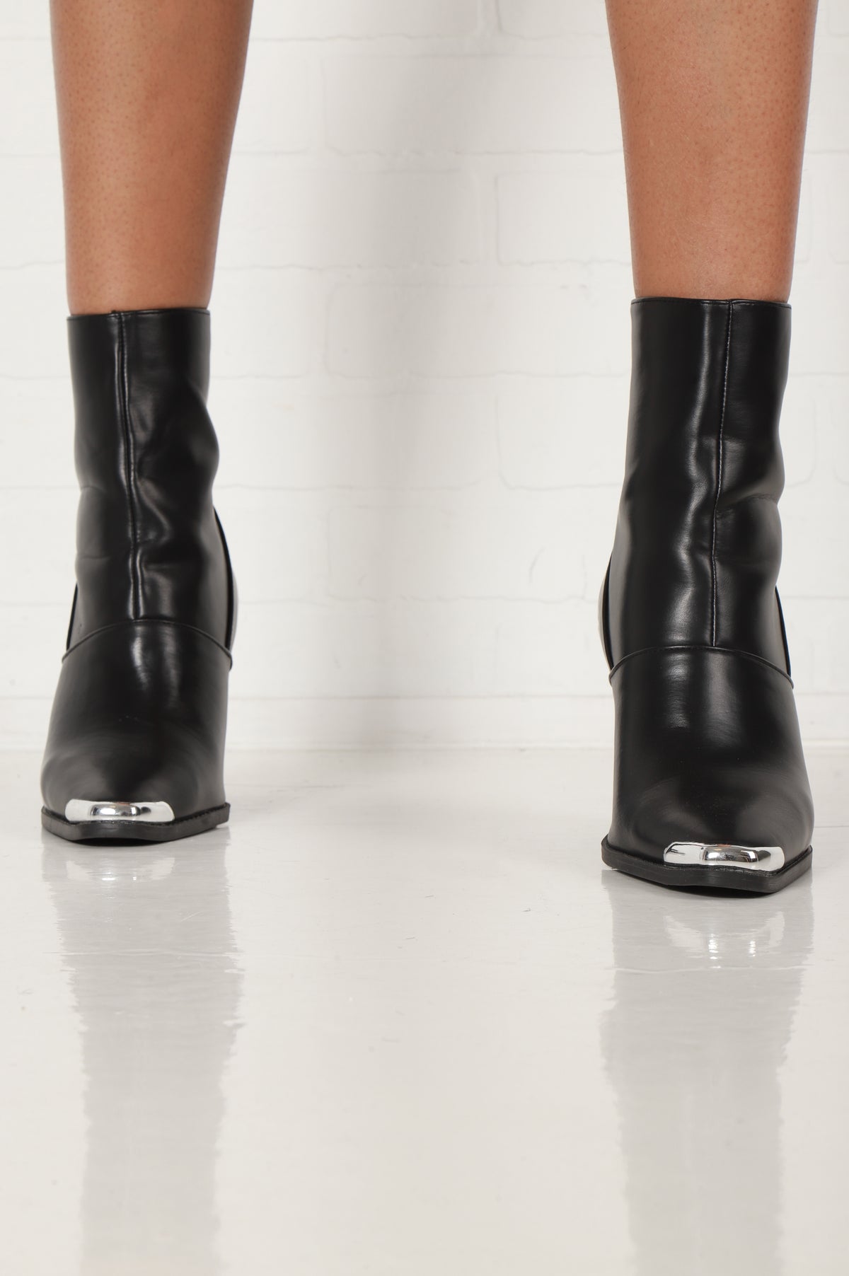 
              Do It To It Faux Leather Chunky Silver Tipped Boots - Black - Swank A Posh
            